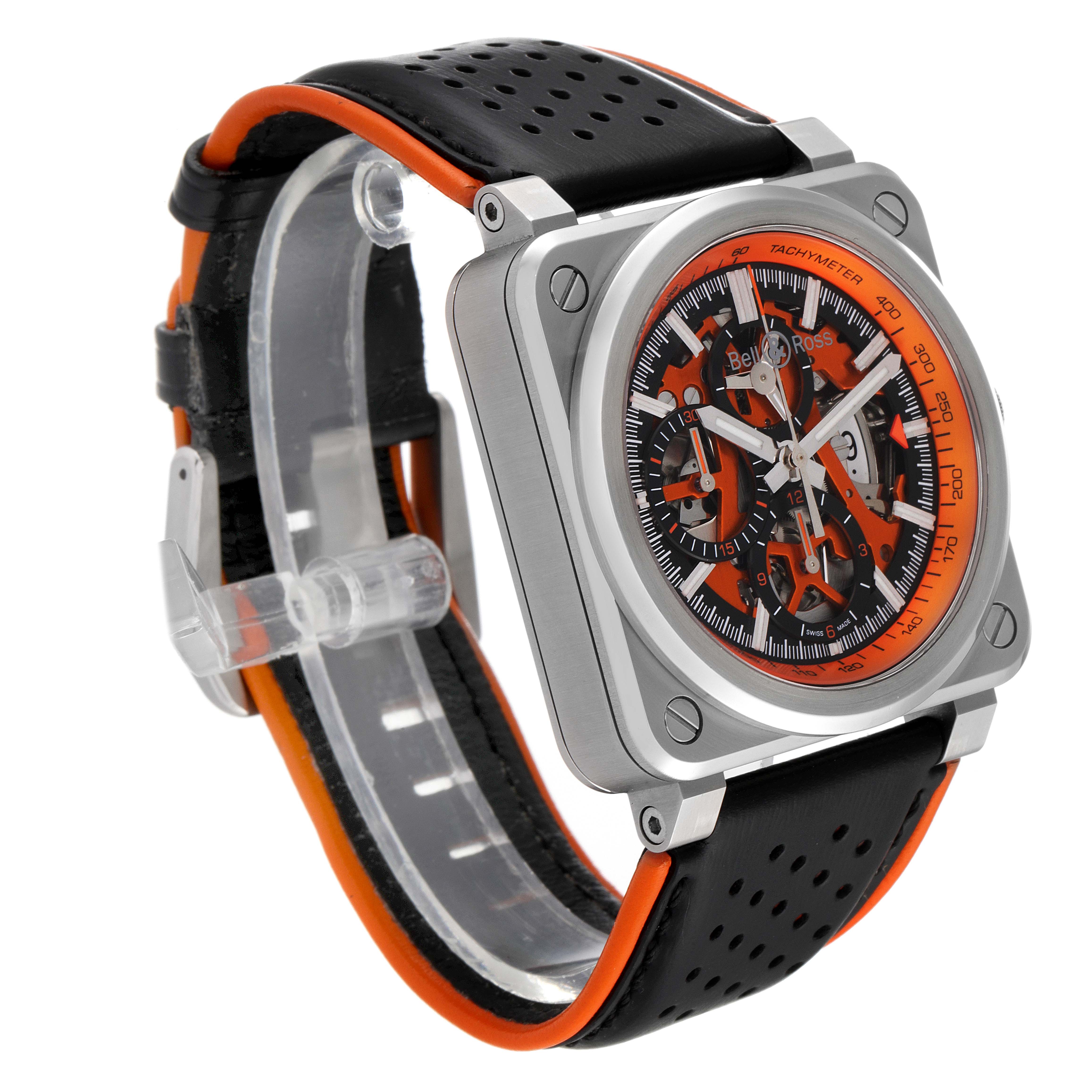 The image shows a Bell & Ross Aero GT Orange Skeleton Steel Men's Watch BR0394 at a three-quarter angle, highlighting the dial, bezel, and strap.