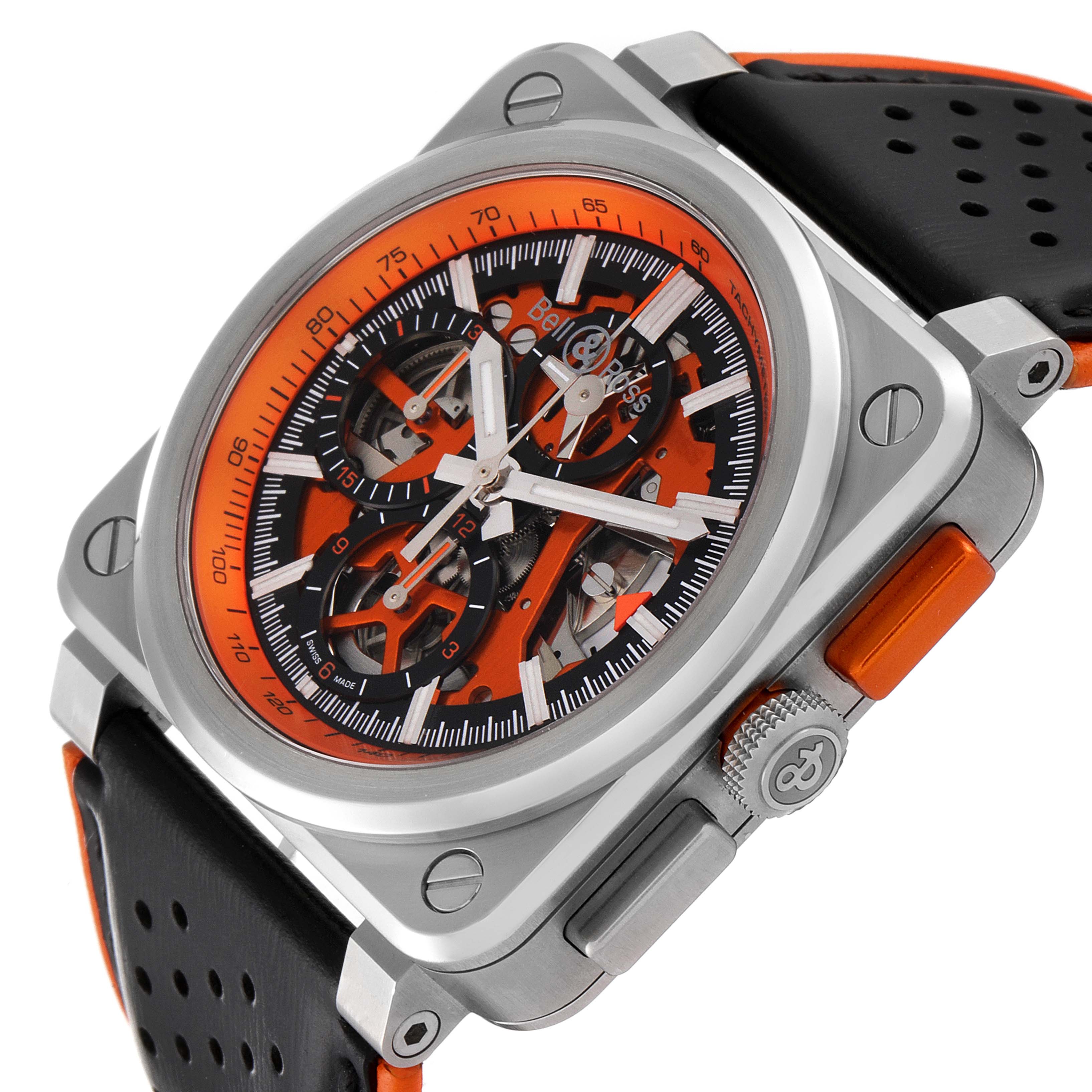 The Bell & Ross Aero GT Orange Skeleton Steel Mens Watch BR0394 is shown at an angled side view, highlighting the case, bezel, dial, and strap.