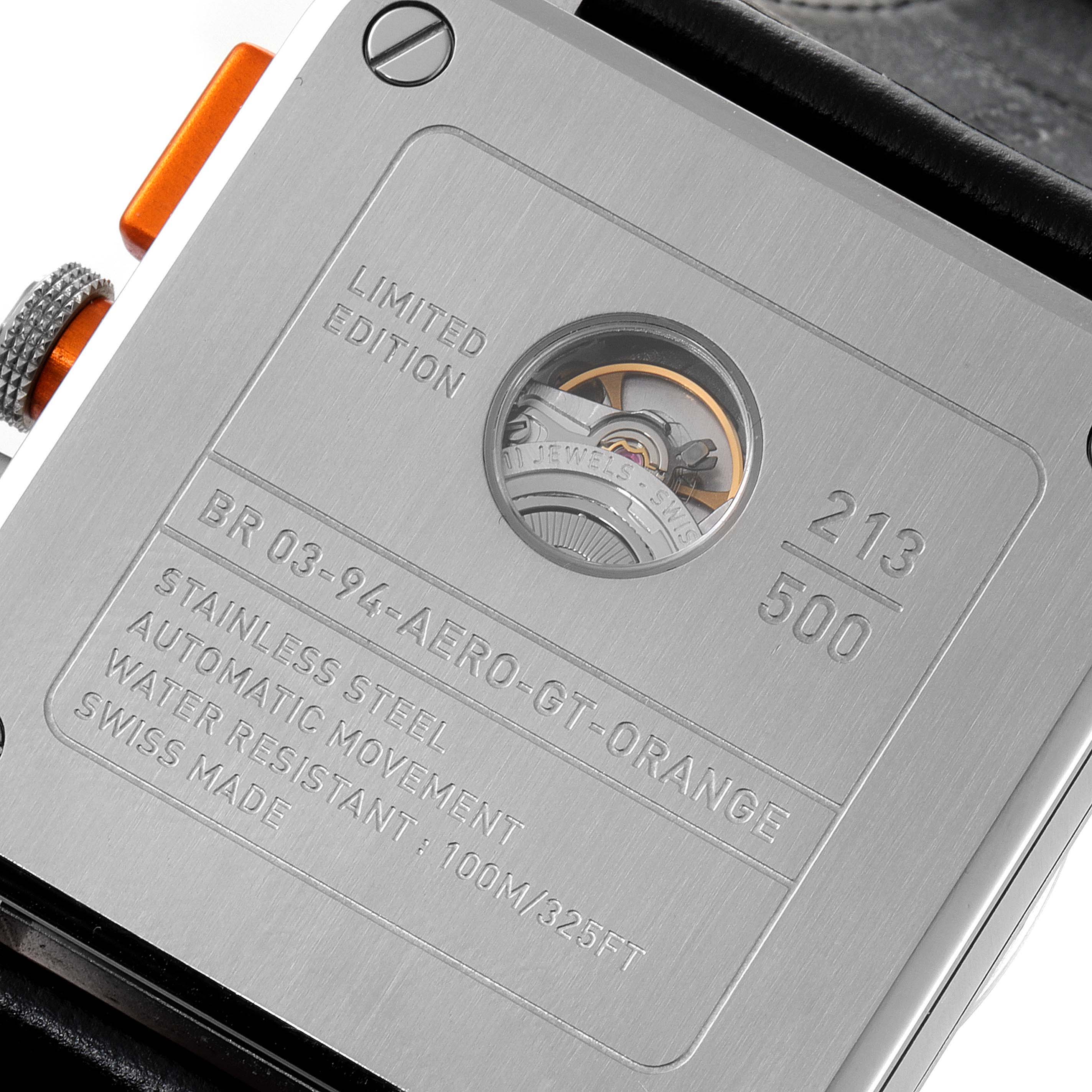 This image shows a close-up view of the back case of the Bell & Ross BR0394 Aero GT Orange Skeleton Steel Mens Watch.