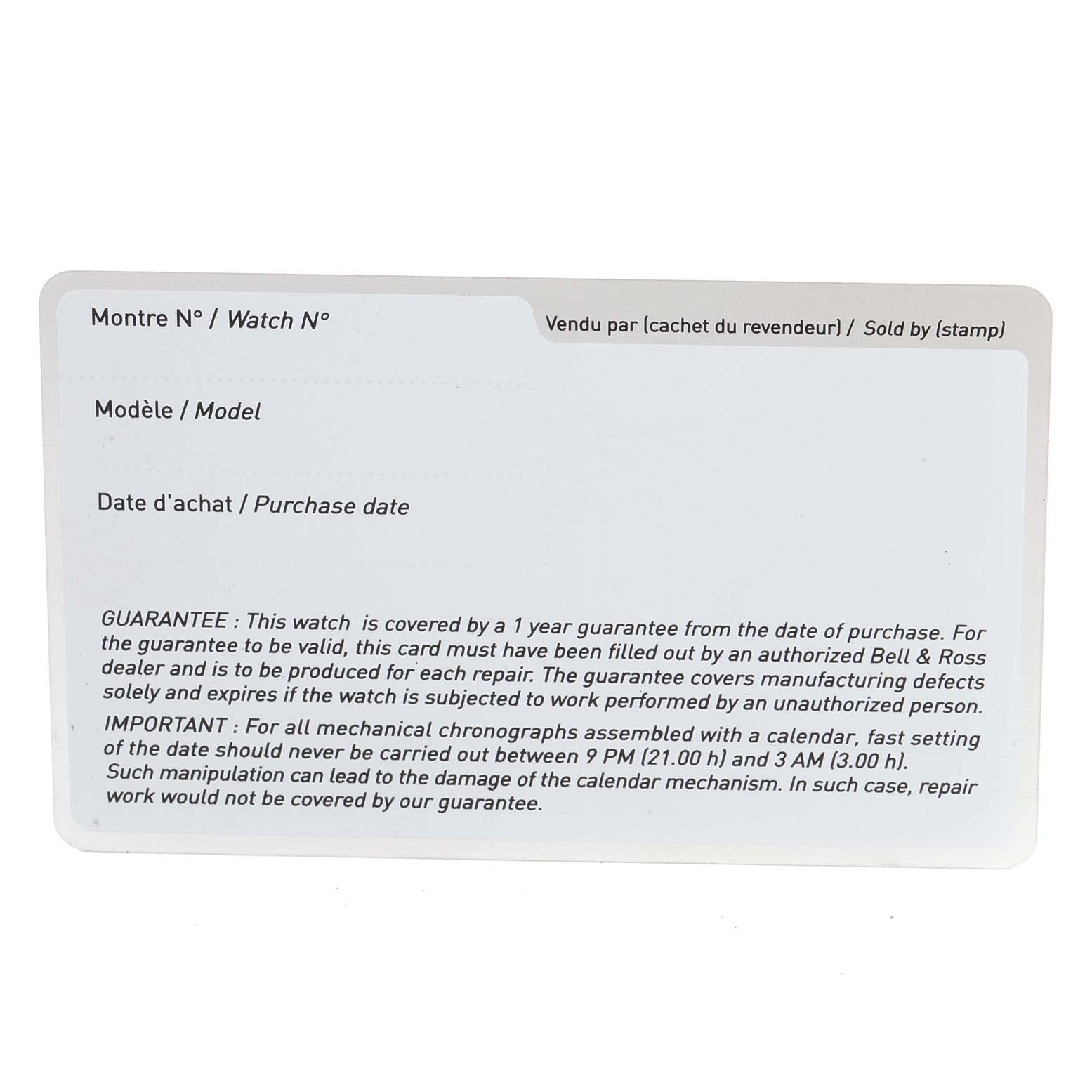 The image shows the guarantee card for the Heritage model by Bell & Ross.