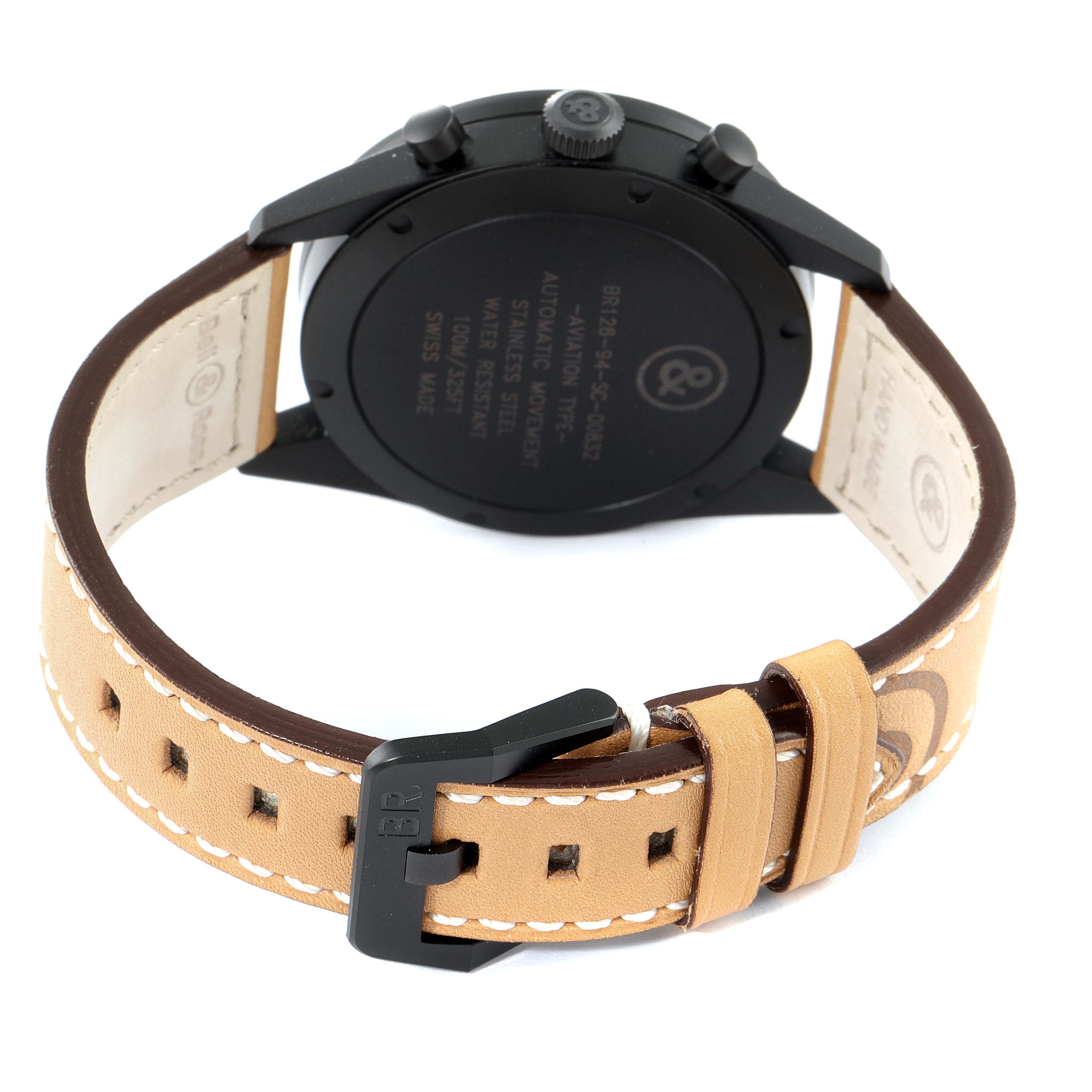 The image shows the back of the Bell & Ross Heritage BRV126 Men's Stainless Steel Black Dial BRV126 Men's Stainless Steel Black Dial watch, highlighting the case, buckle, and leather strap.