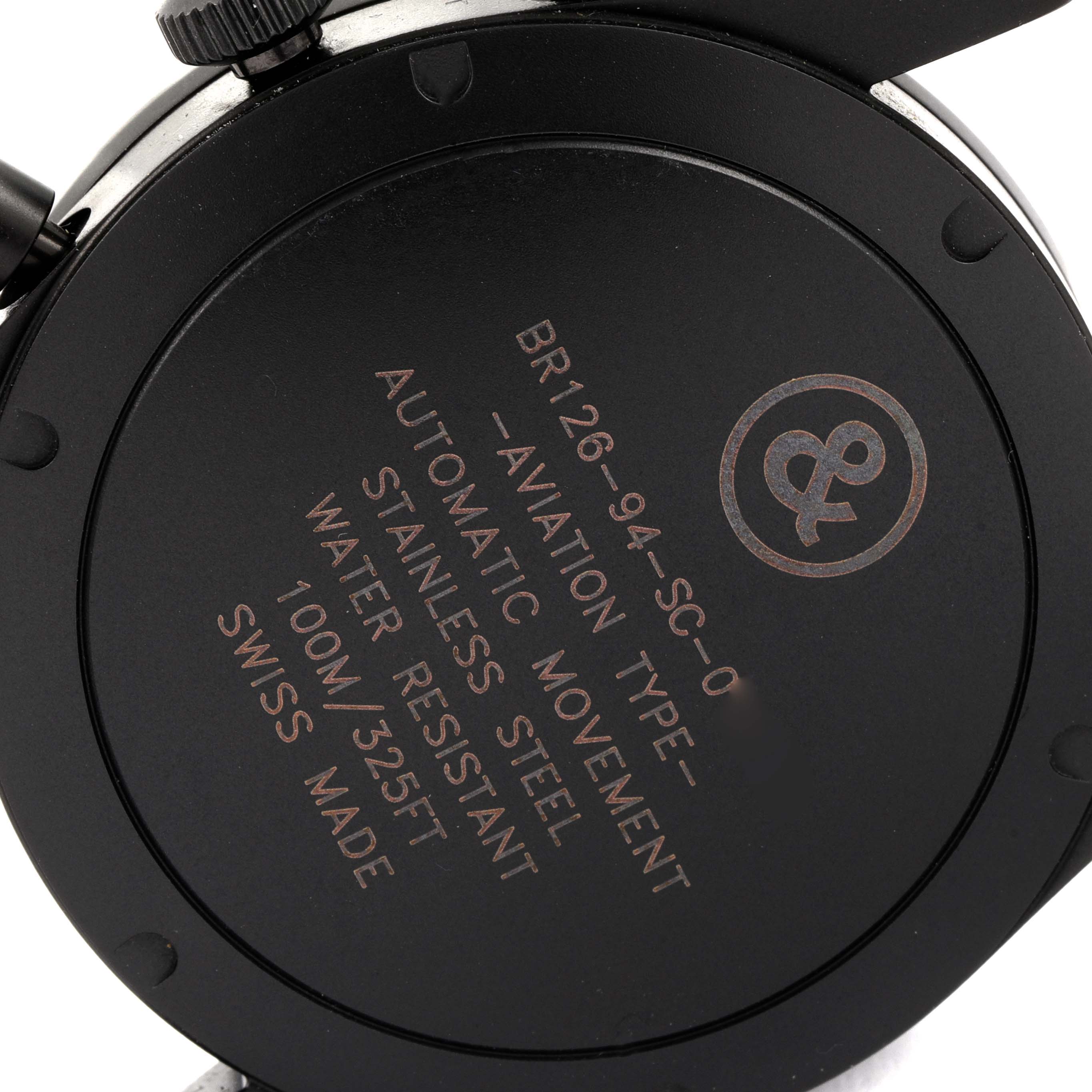 The image shows the back case of a Bell & Ross Heritage BRV126 Men's Stainless Steel Black Dial BRV126 Men's Stainless Steel Black Dial model watch, highlighting details like water resistance and movement type.