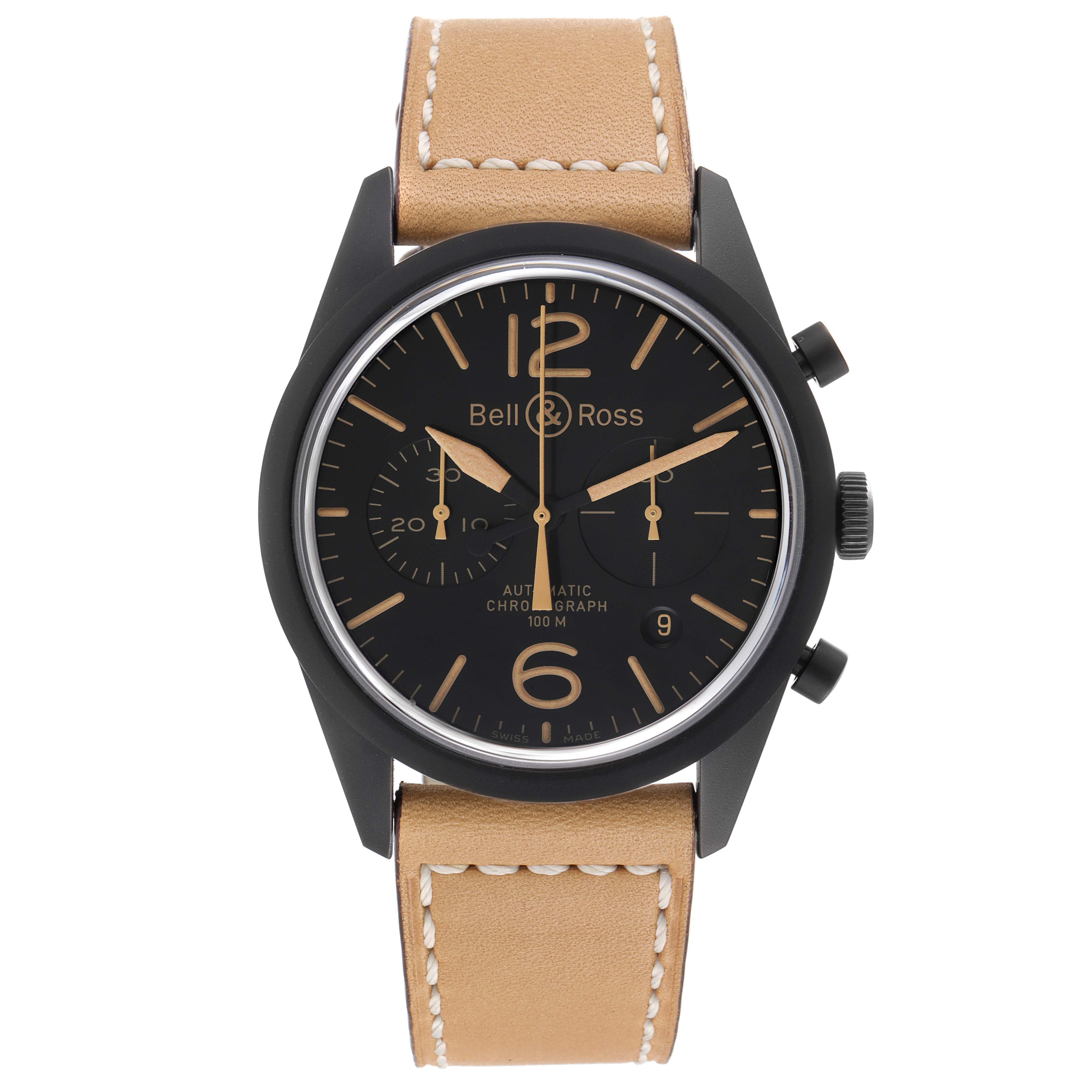 The Bell & Ross Heritage BRV126 Men's Stainless Steel Black Dial BRV126 Men's Stainless Steel Black Dial model watch is shown from a front view, highlighting its face, bezel, pushers, and leather strap.