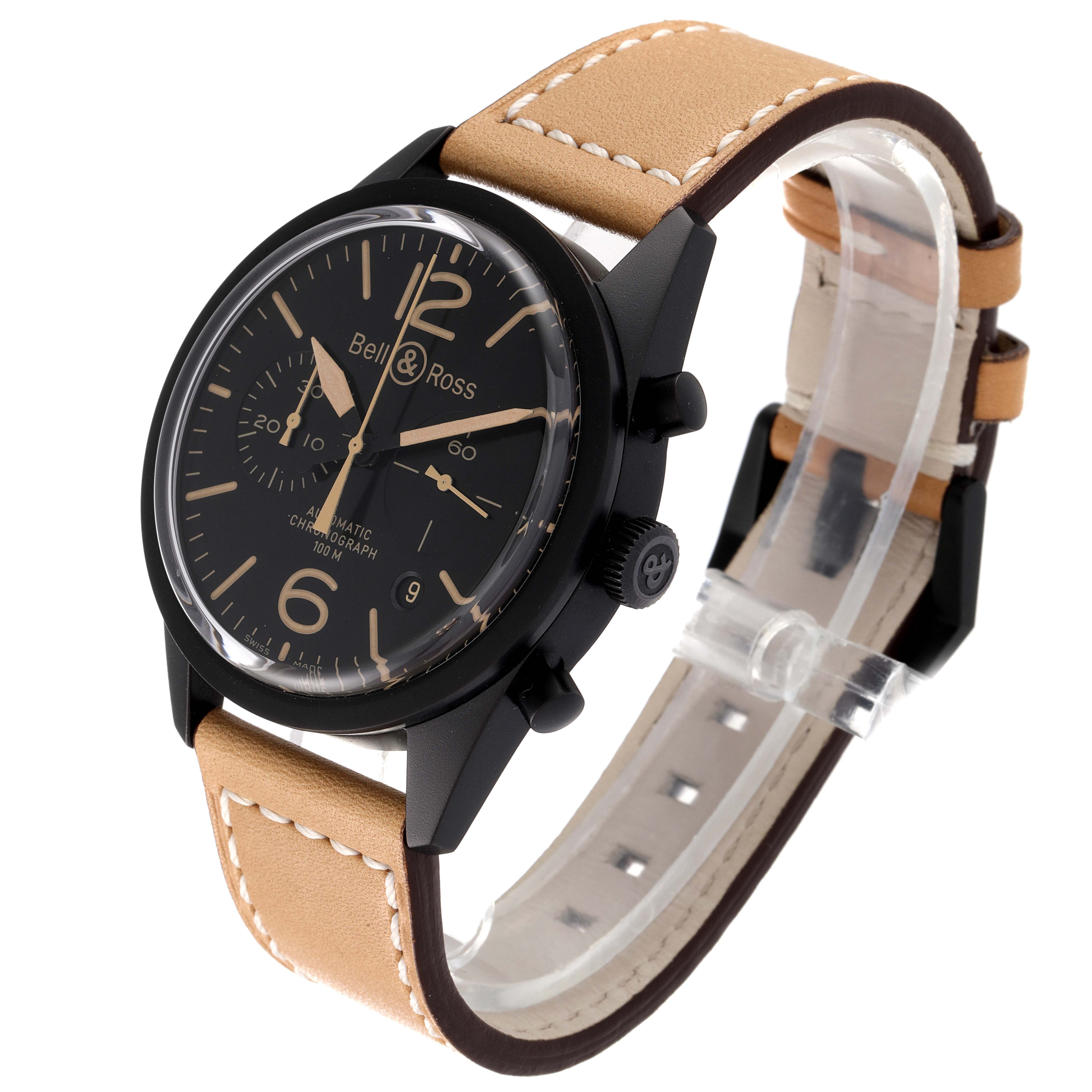 The Bell & Ross Heritage BRV126 Men's Stainless Steel Black Dial BRV126 Men's Stainless Steel Black Dial model watch is shown at an angle revealing the dial, casing, and leather strap with stitching.