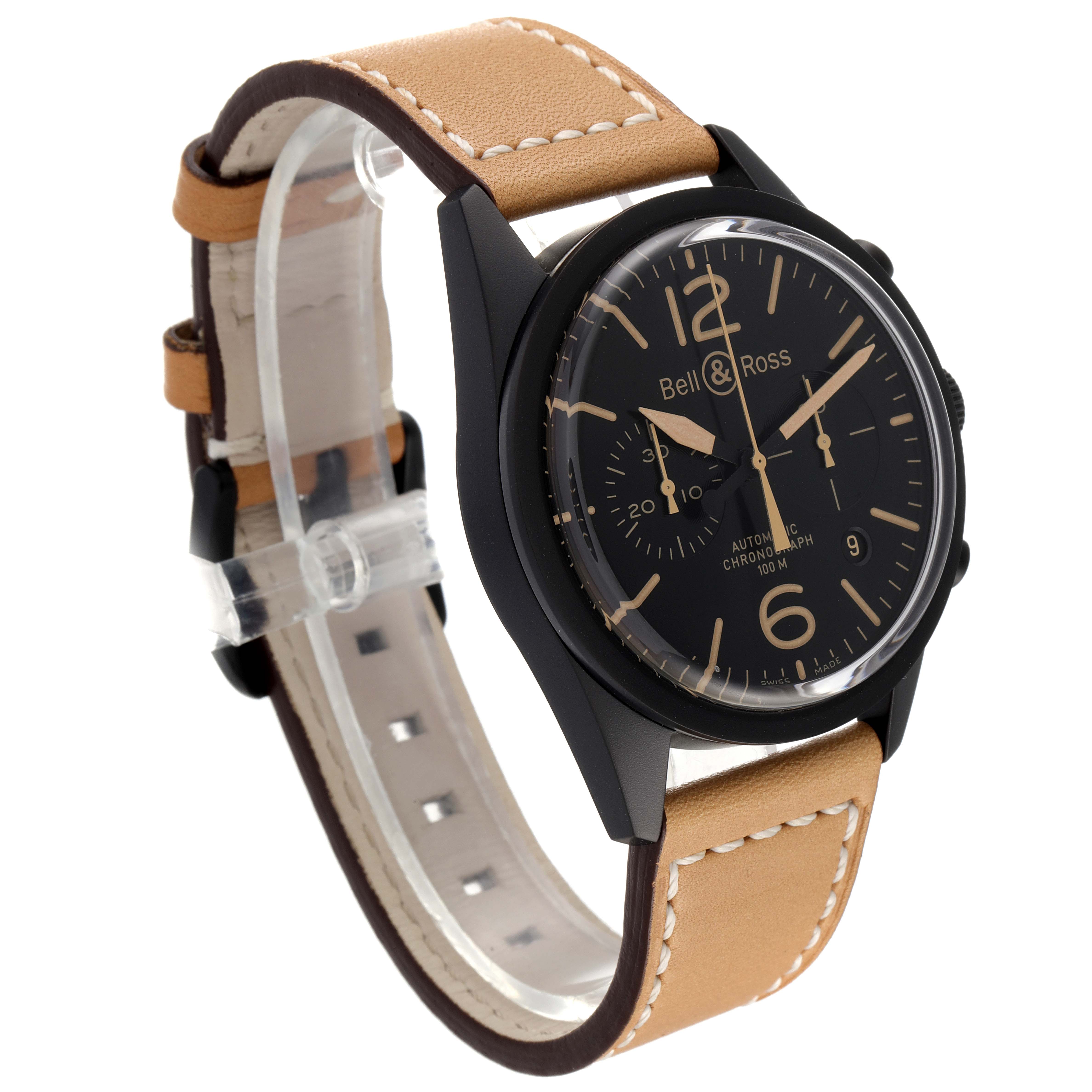 The image shows a Bell & Ross Heritage BRV126 Men's Stainless Steel Black Dial BRV126 Men's Stainless Steel Black Dial model watch angled diagonally, highlighting the black dial, tan leather strap, and side buttons.