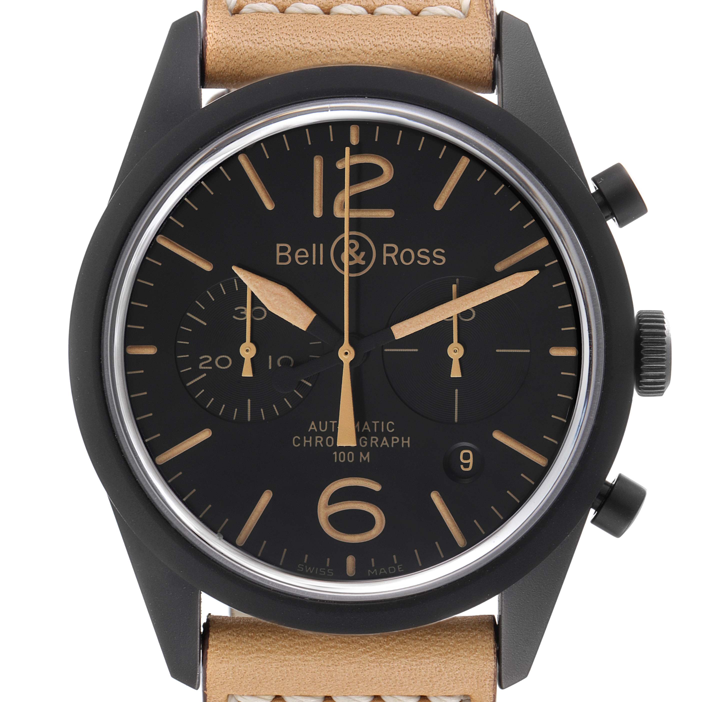 This image shows a frontal view of the Bell & Ross Heritage BRV126 Men's Stainless Steel Black Dial BRV126 Men's Stainless Steel Black Dial watch model, highlighting its dial, hands, markings, and leather strap.