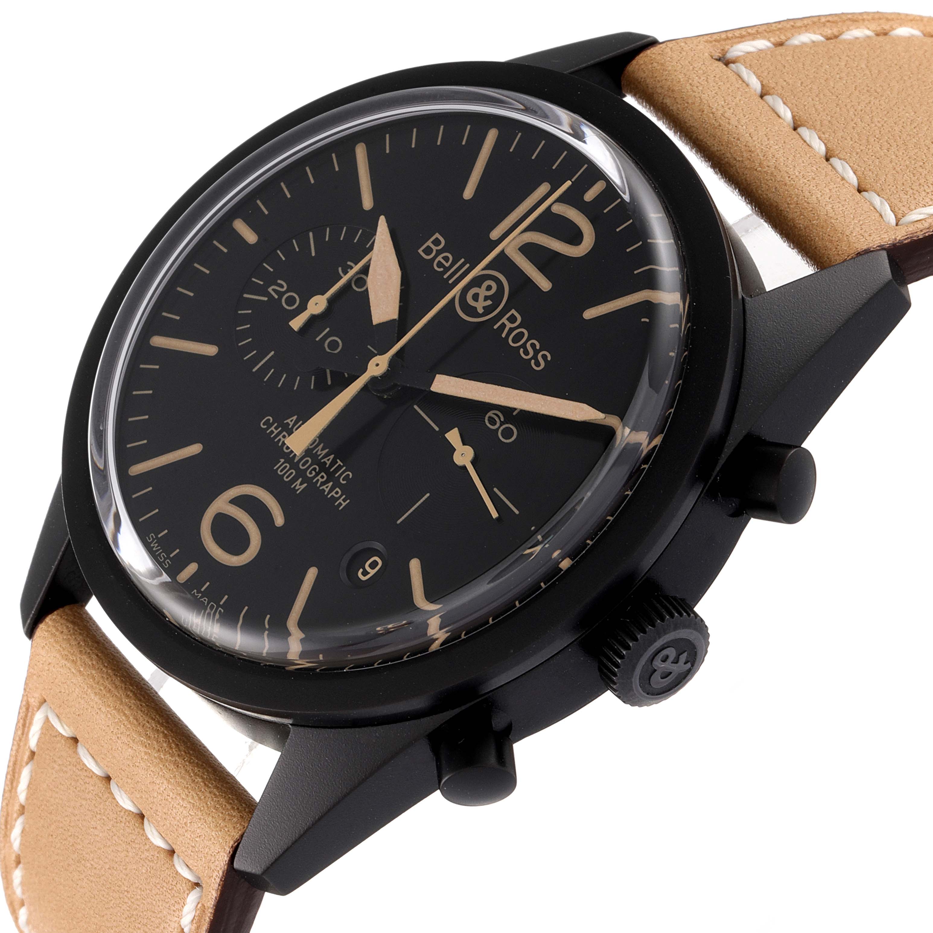 The image shows the Bell & Ross Heritage BRV126 Men's Stainless Steel Black Dial BRV126 Men's Stainless Steel Black Dial model watch at an angle displaying its face, side buttons, and tan leather strap.