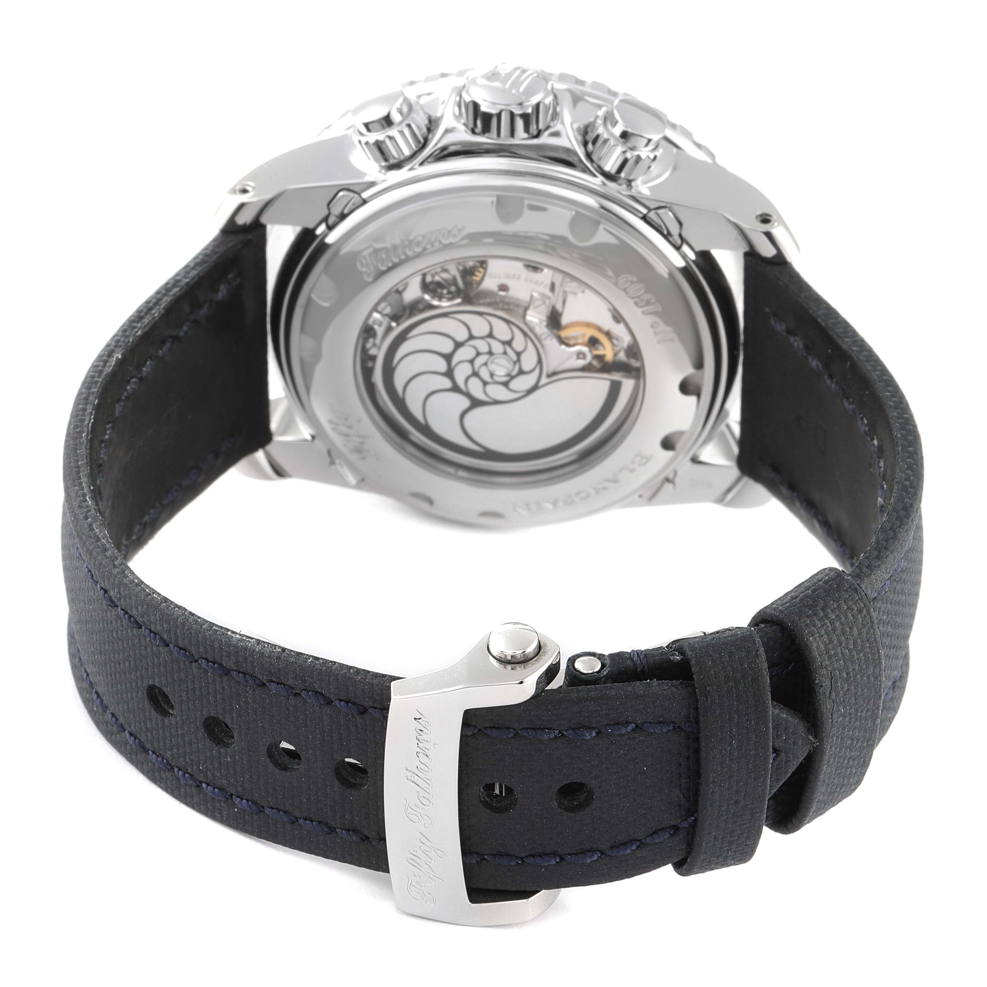 The image shows the back view of a Blancpain Fifty Fathoms 5066F-1140-52B Men's Stainless Steel Blue Dial 5066F-1140-52B Men's Stainless Steel Blue Dial watch, highlighting the case back, strap, and buckle.