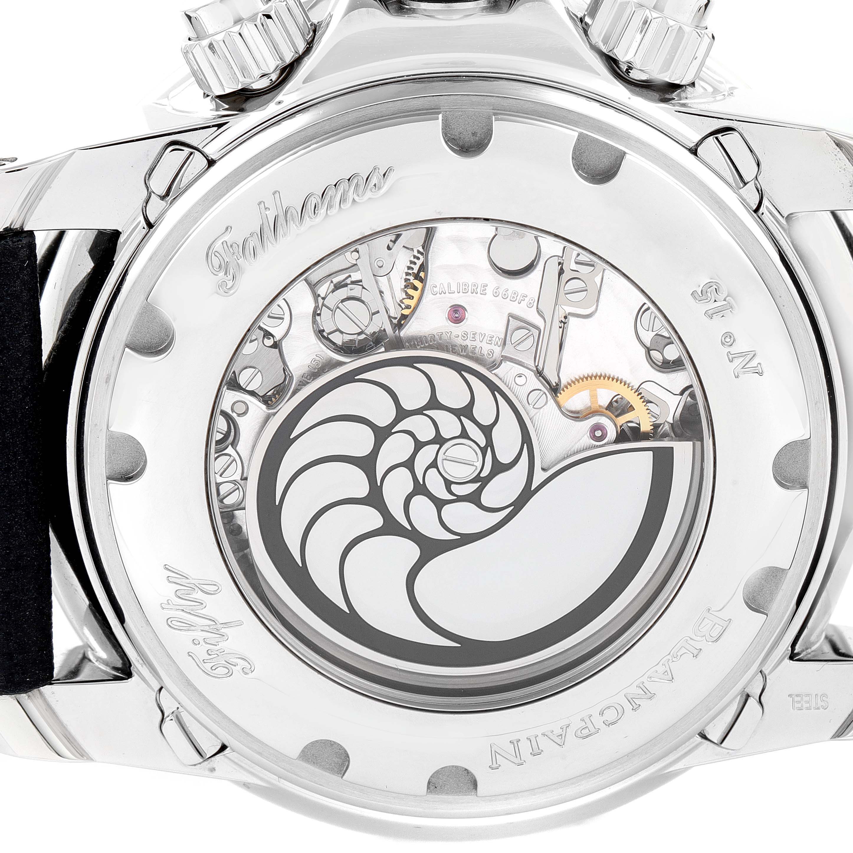 The image shows the back view of a Blancpain Fifty Fathoms 5066F-1140-52B Men's Stainless Steel Blue Dial 5066F-1140-52B Men's Stainless Steel Blue Dial watch, highlighting its transparent caseback and internal mechanism.