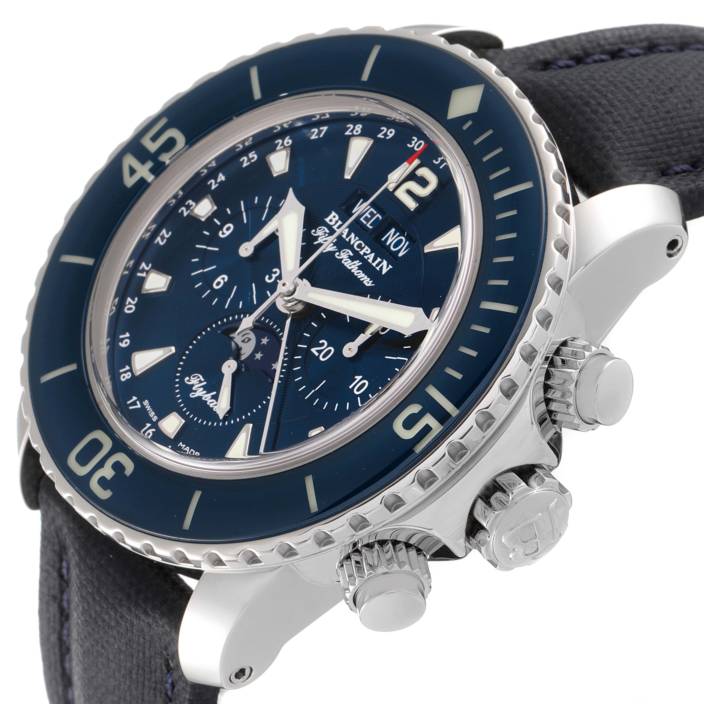 The image shows a close-up, angled view of the Blancpain Fifty Fathoms 5066F-1140-52B Men's Stainless Steel Blue Dial 5066F-1140-52B Men's Stainless Steel Blue Dial watch, emphasizing its dial, bezel, and side crown.