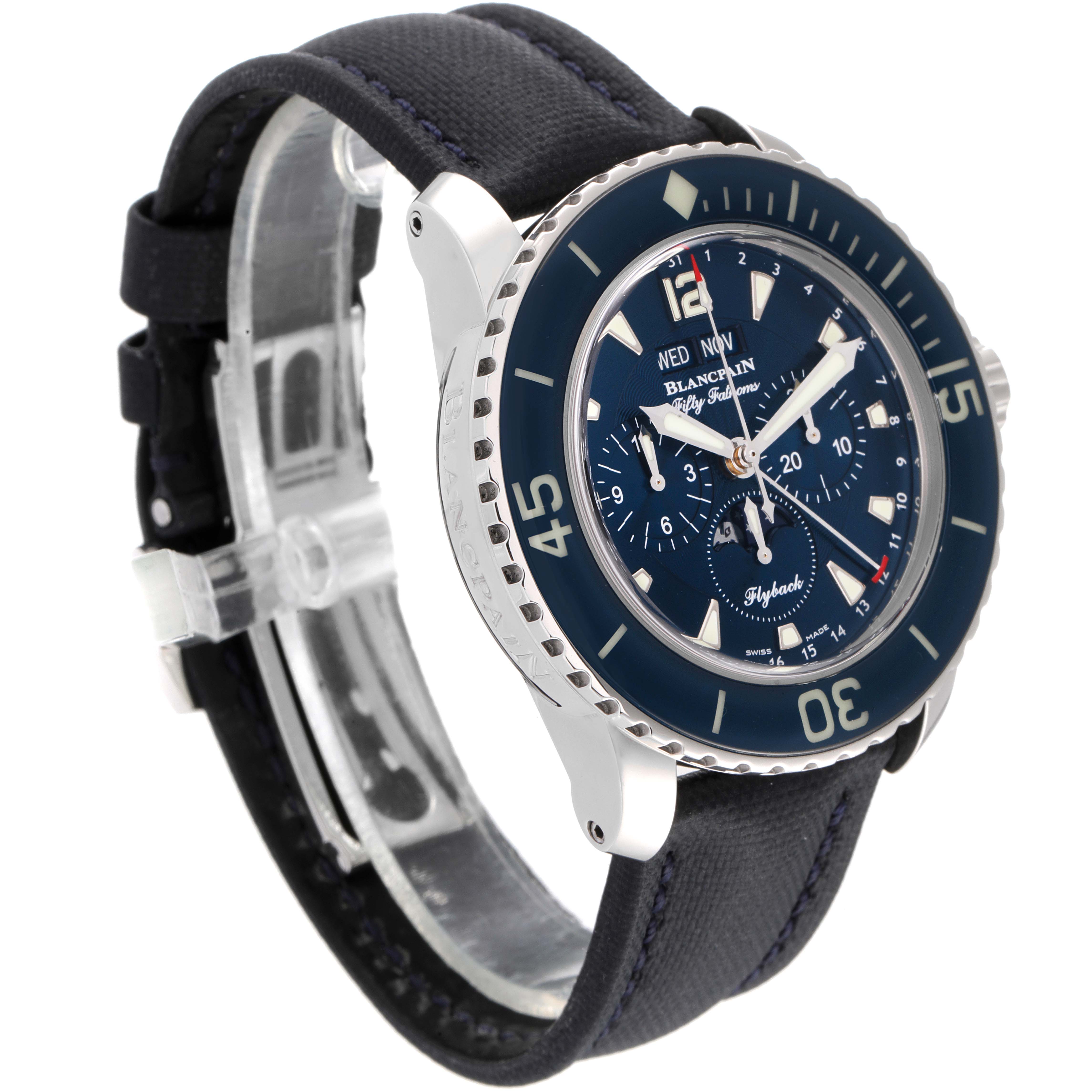 The image shows a side angle of the Blancpain Fifty Fathoms 5066F-1140-52B Men's Stainless Steel Blue Dial 5066F-1140-52B Men's Stainless Steel Blue Dial watch, highlighting the bezel, dial, and strap.