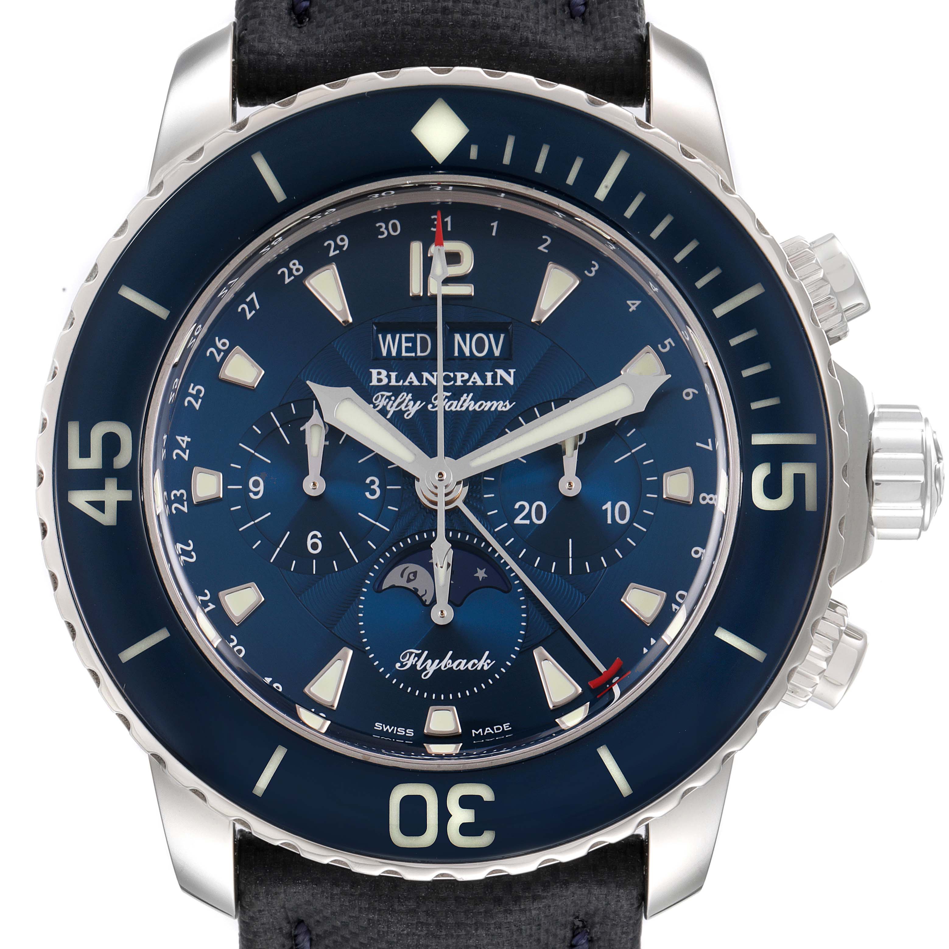 This image shows a front view of the Blancpain Fifty Fathoms 5066F-1140-52B Men's Stainless Steel Blue Dial 5066F-1140-52B Men's Stainless Steel Blue Dial watch, highlighting the dial, bezel, and crown.