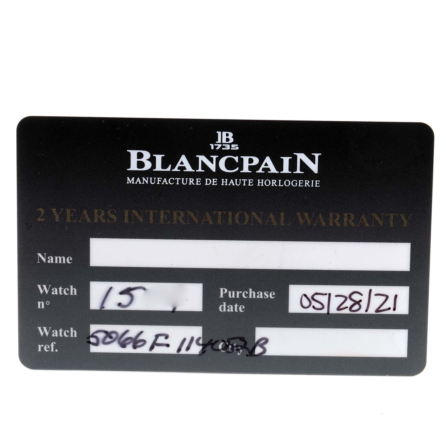 The image shows the international warranty card for the Fifty Fathoms model by Blancpain.