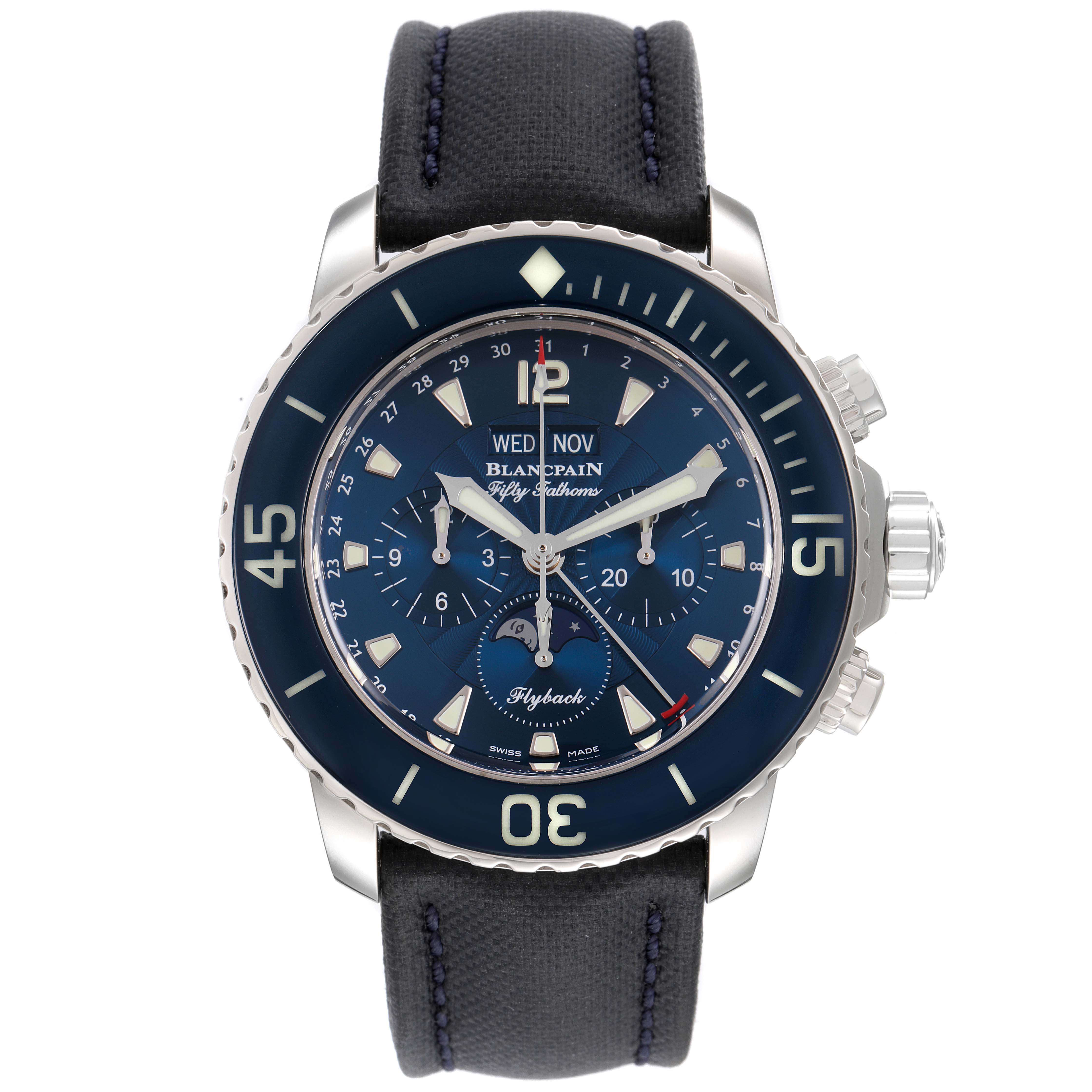 This image shows a front view of the Blancpain Fifty Fathoms 5066F-1140-52B Men's Stainless Steel Blue Dial 5066F-1140-52B Men's Stainless Steel Blue Dial watch, highlighting its dial, bezel, and strap.