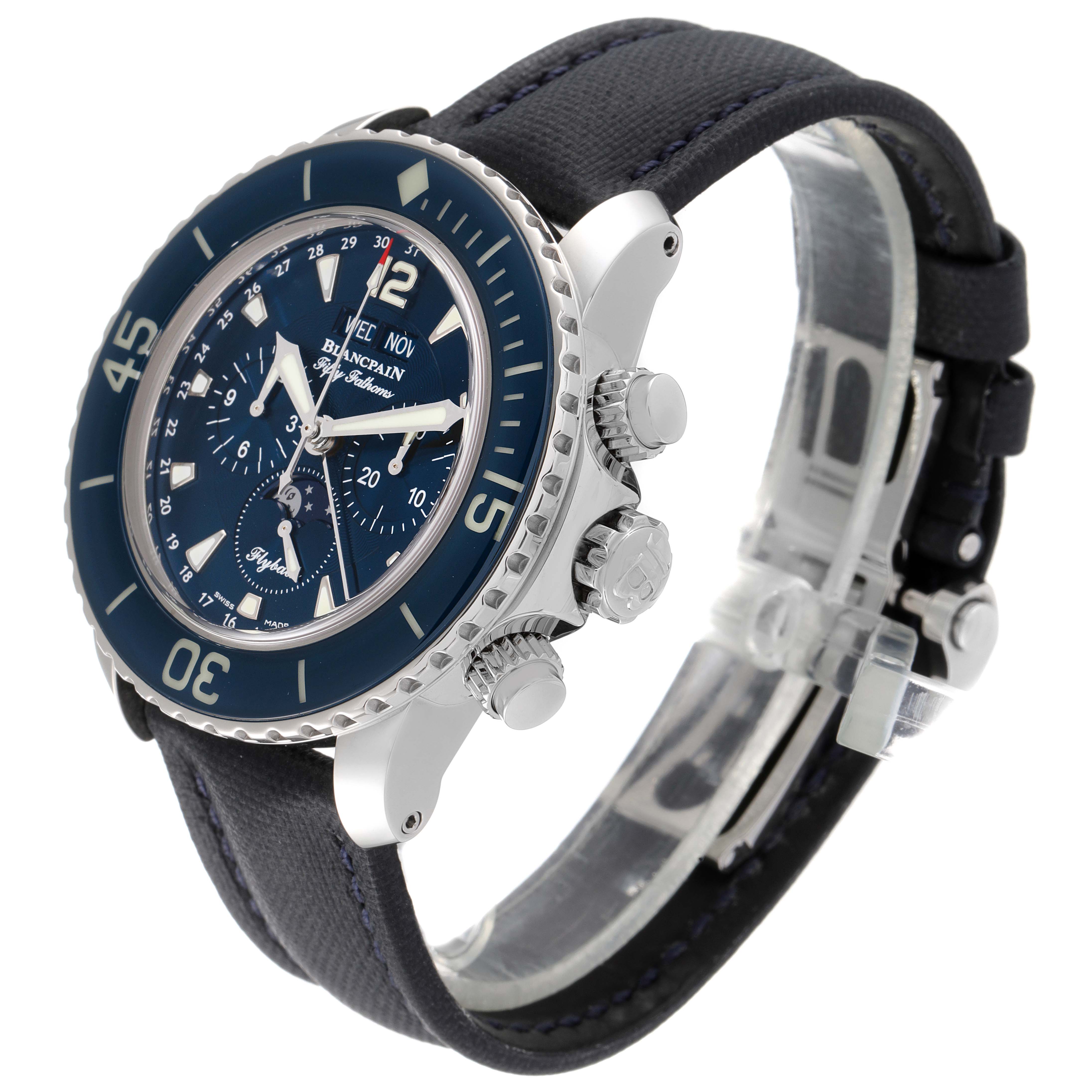 The image shows a side angle of the Blancpain Fifty Fathoms 5066F-1140-52B Men's Stainless Steel Blue Dial 5066F-1140-52B Men's Stainless Steel Blue Dial watch, highlighting its face, bezel, and strap.