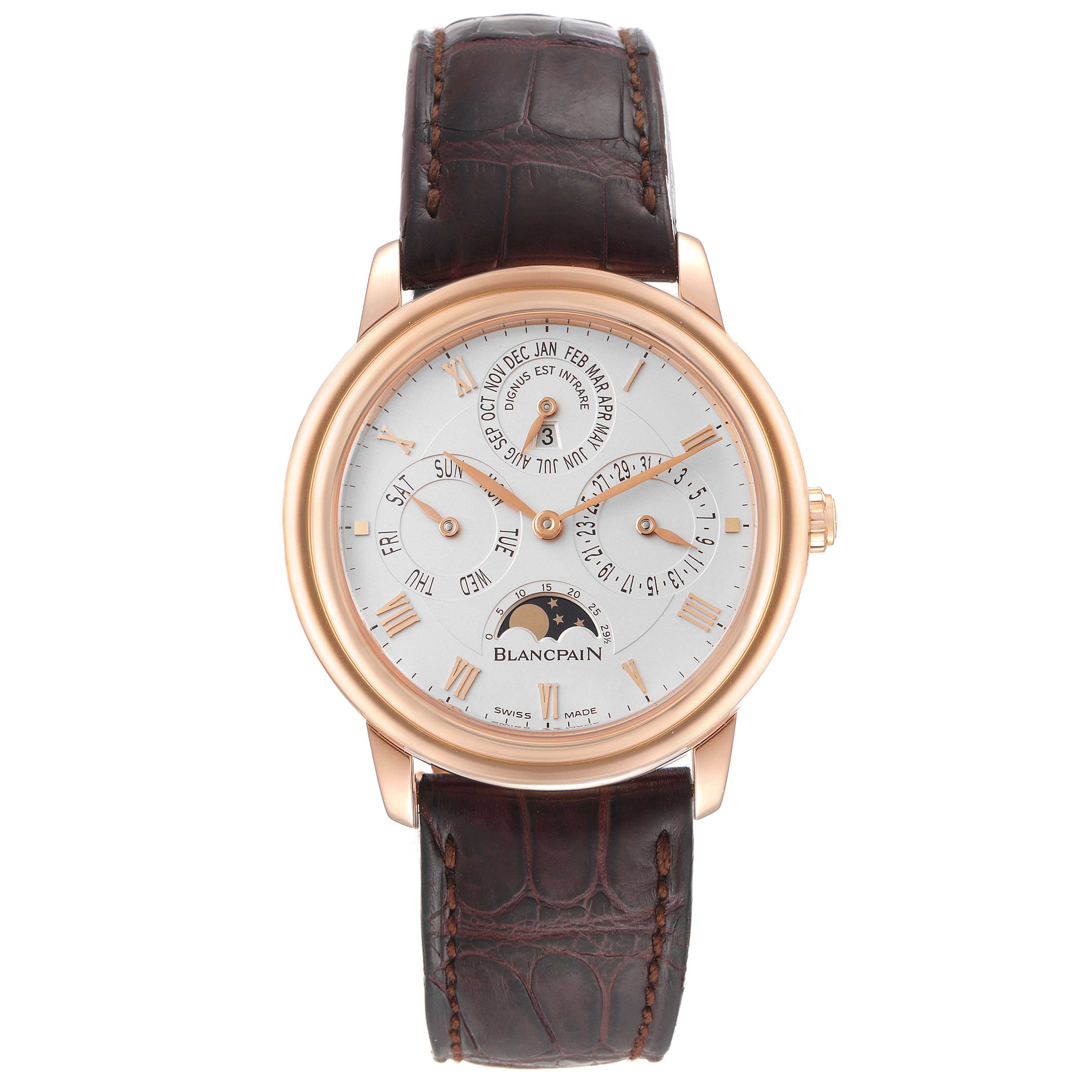 The Blancpain Villeret 6057-3642-55 Men's Rose Gold Silver Dial 6057-3642-55 Men's Rose Gold Silver Dial watch is shown in a frontal angle, displaying its dial, case, and leather strap.