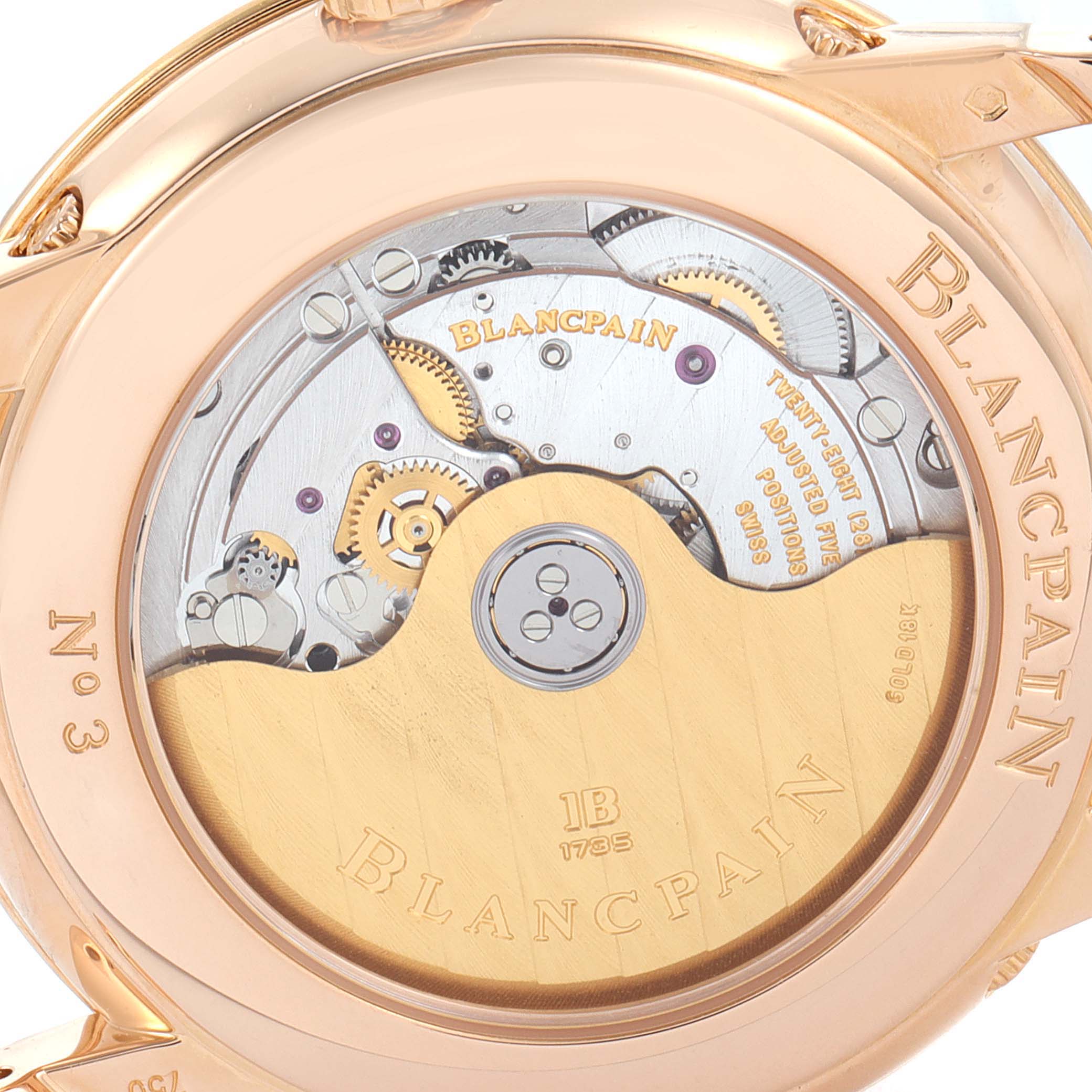 The image shows the case back of a Blancpain Villeret 6057-3642-55 Men's Rose Gold Silver Dial 6057-3642-55 Men's Rose Gold Silver Dial watch, highlighting its intricate mechanical movement.