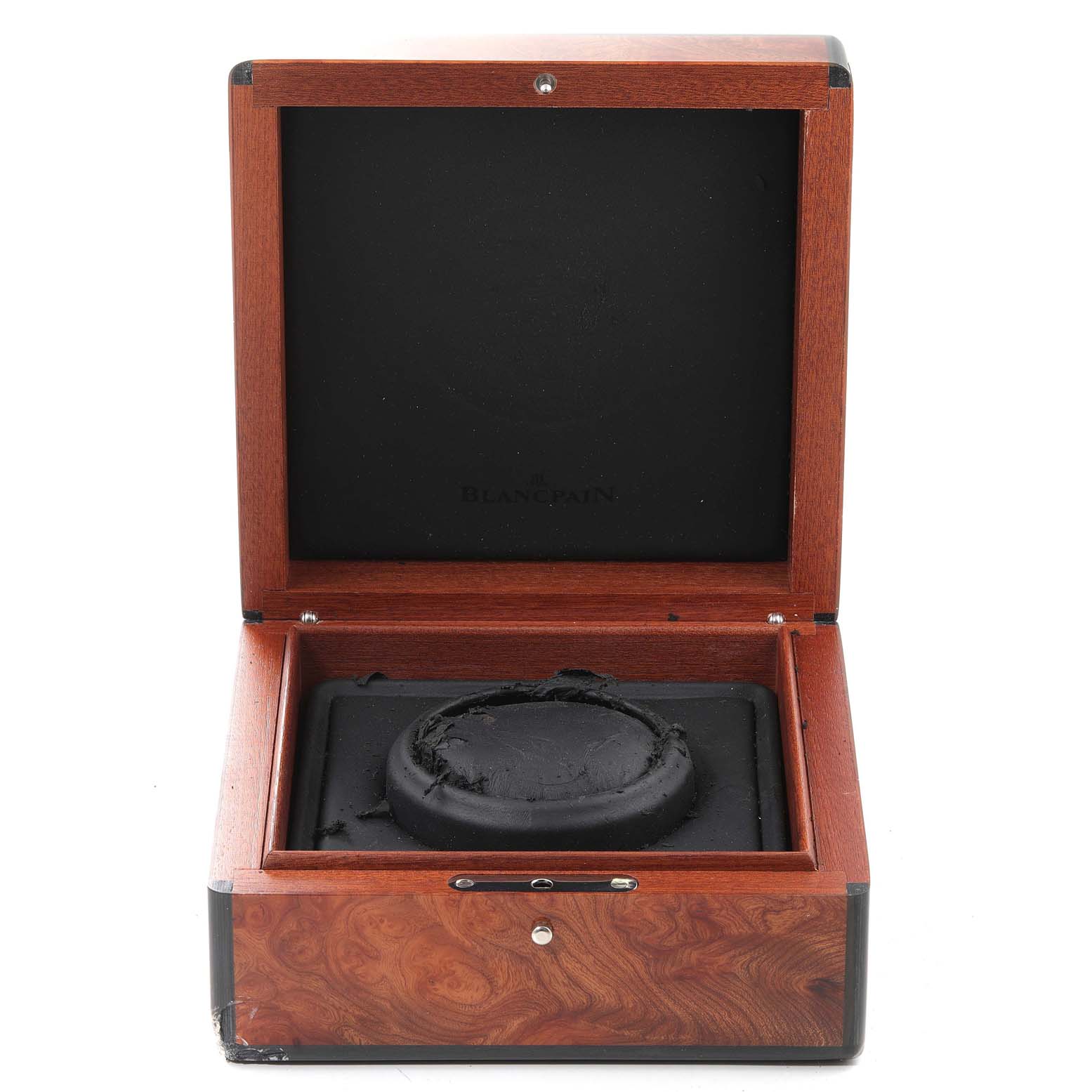 This image shows an open wooden box for the Blancpain Villeret 6057-3642-55 Men's Rose Gold Silver Dial 6057-3642-55 Men's Rose Gold Silver Dial watch, primarily focusing on the interior.