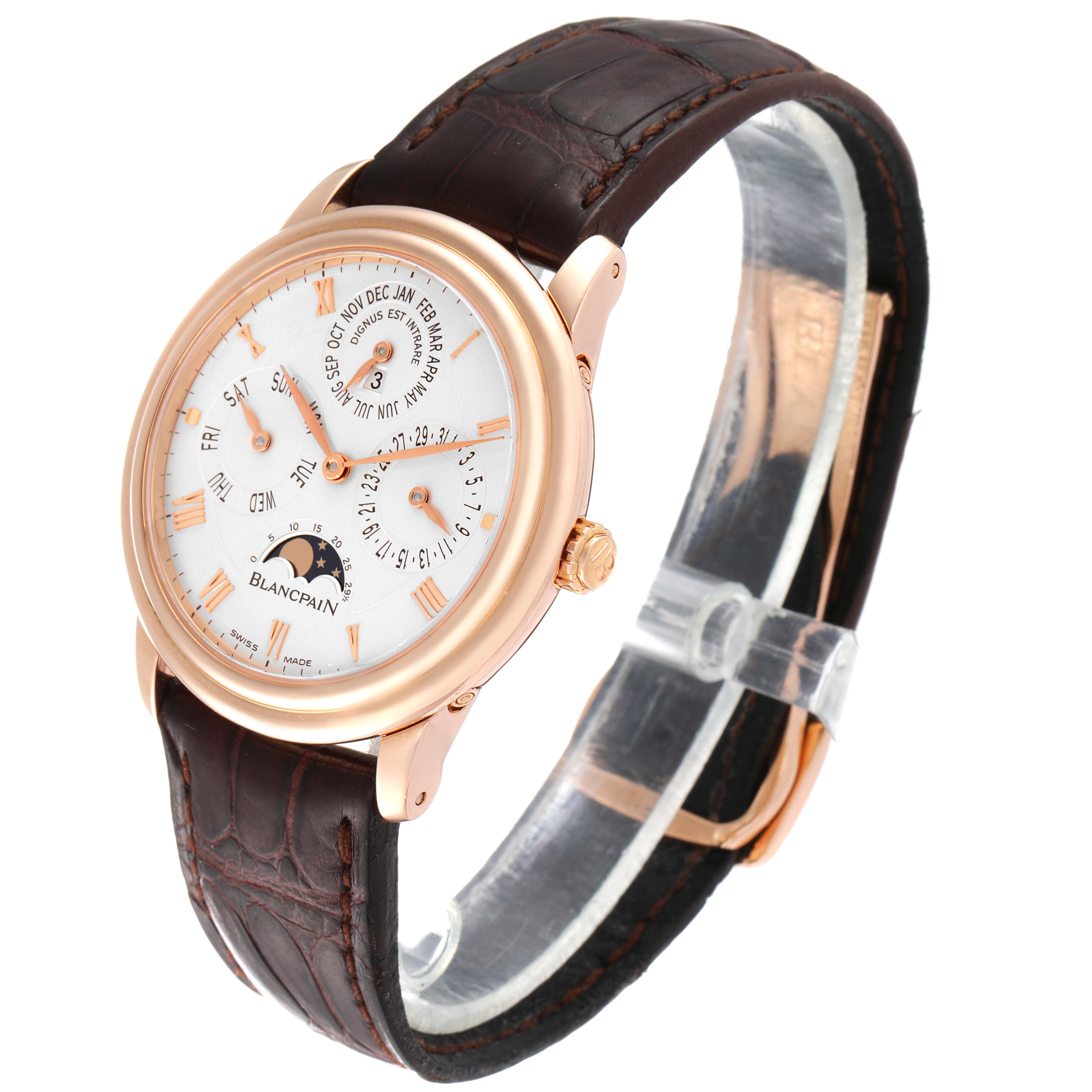 The Blancpain Villeret 6057-3642-55 Men's Rose Gold Silver Dial 6057-3642-55 Men's Rose Gold Silver Dial watch is shown at a three-quarter angle, highlighting its face, bezel, crown, and dark leather strap.