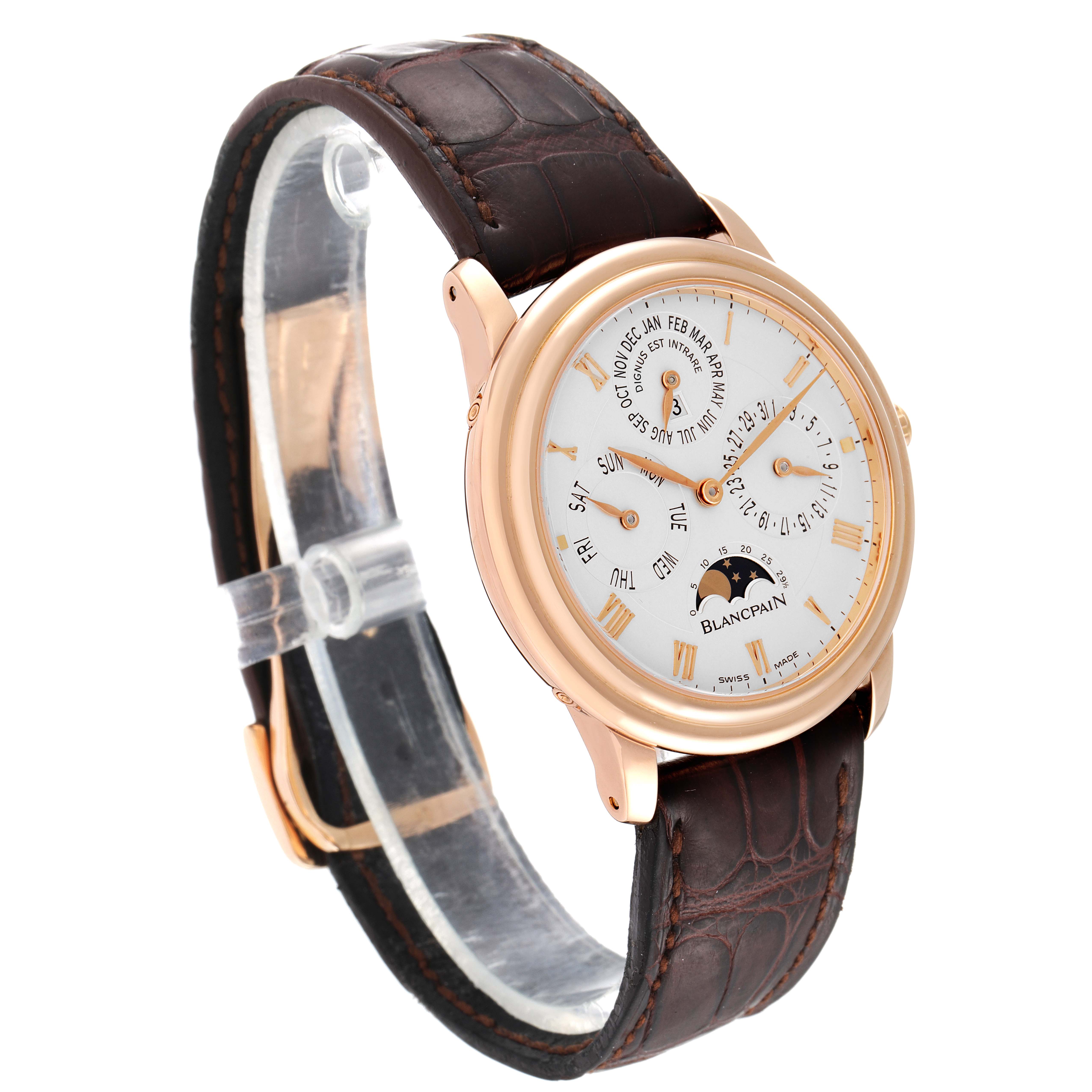 The image shows a side angle of the Blancpain Villeret 6057-3642-55 Men's Rose Gold Silver Dial 6057-3642-55 Men's Rose Gold Silver Dial watch, highlighting its face and brown leather strap.