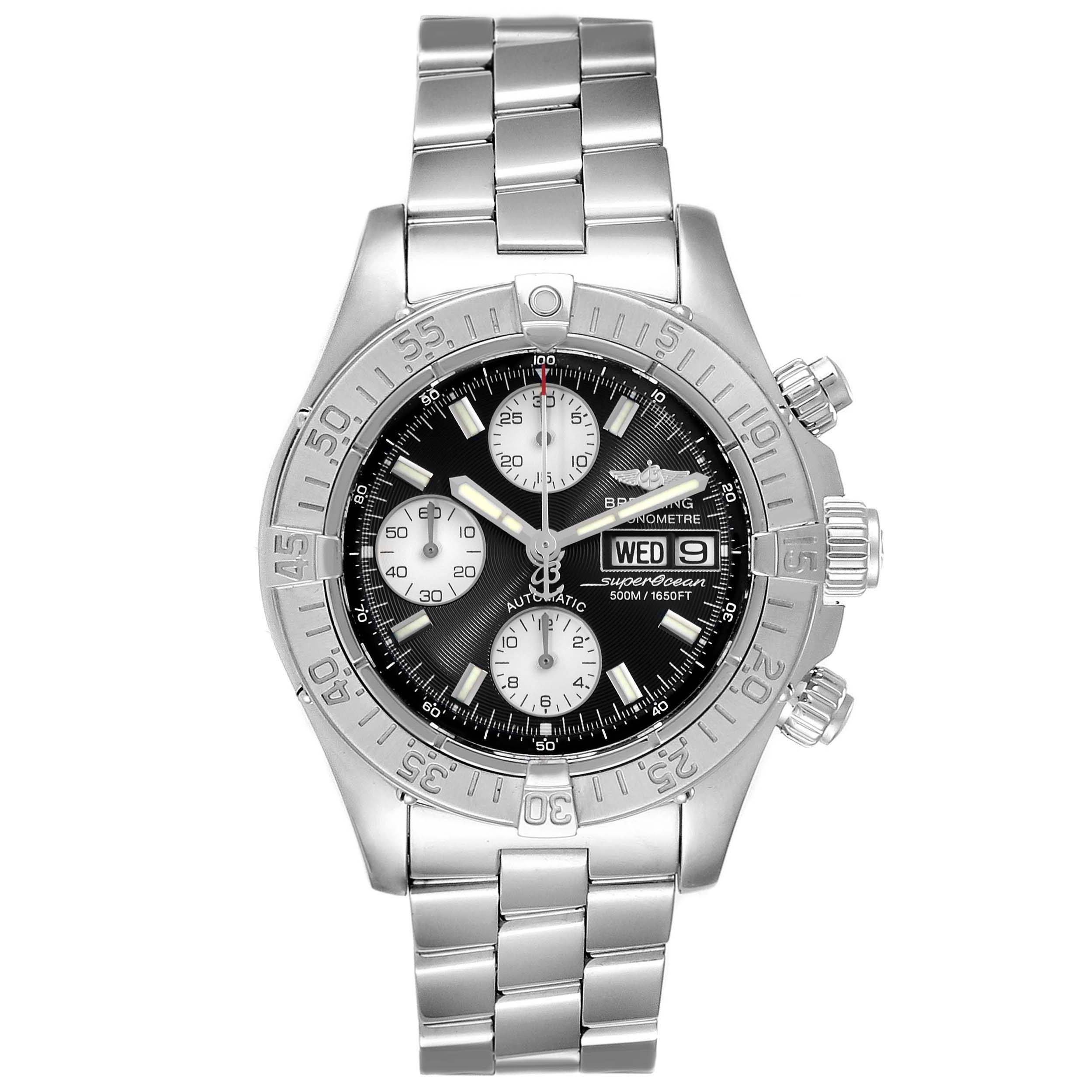 The Breitling Superocean A13340 Men
s Stainless Steel Black Dial A13340 Men
s Stainless Steel Black Dial watch is shown from a frontal angle featuring the main face, bracelet, and side dials.