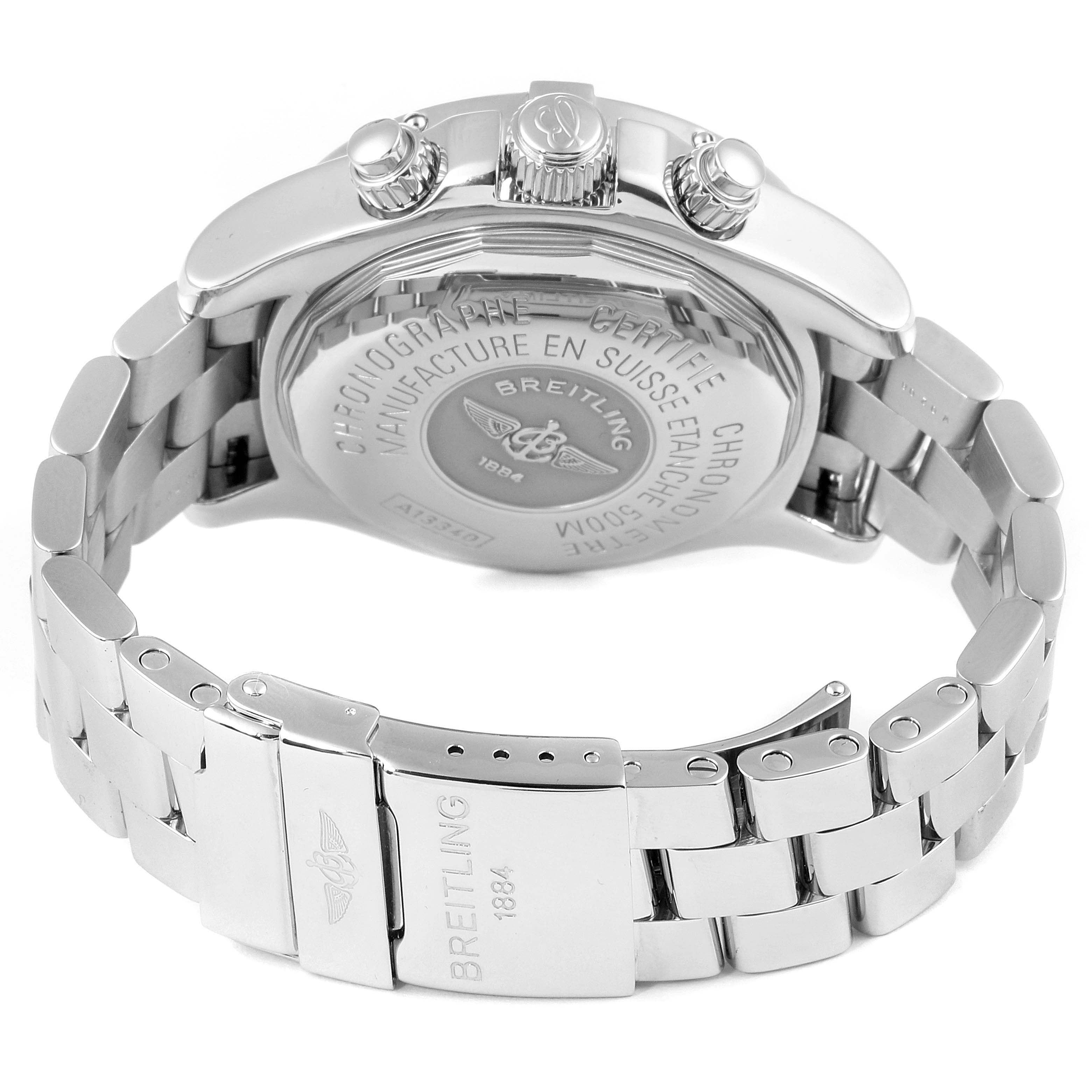 The image shows the back case and bracelet of a Breitling Superocean A13340 Men
s Stainless Steel Black Dial A13340 Men
s Stainless Steel Black Dial watch from a slightly elevated and angled rear perspective.