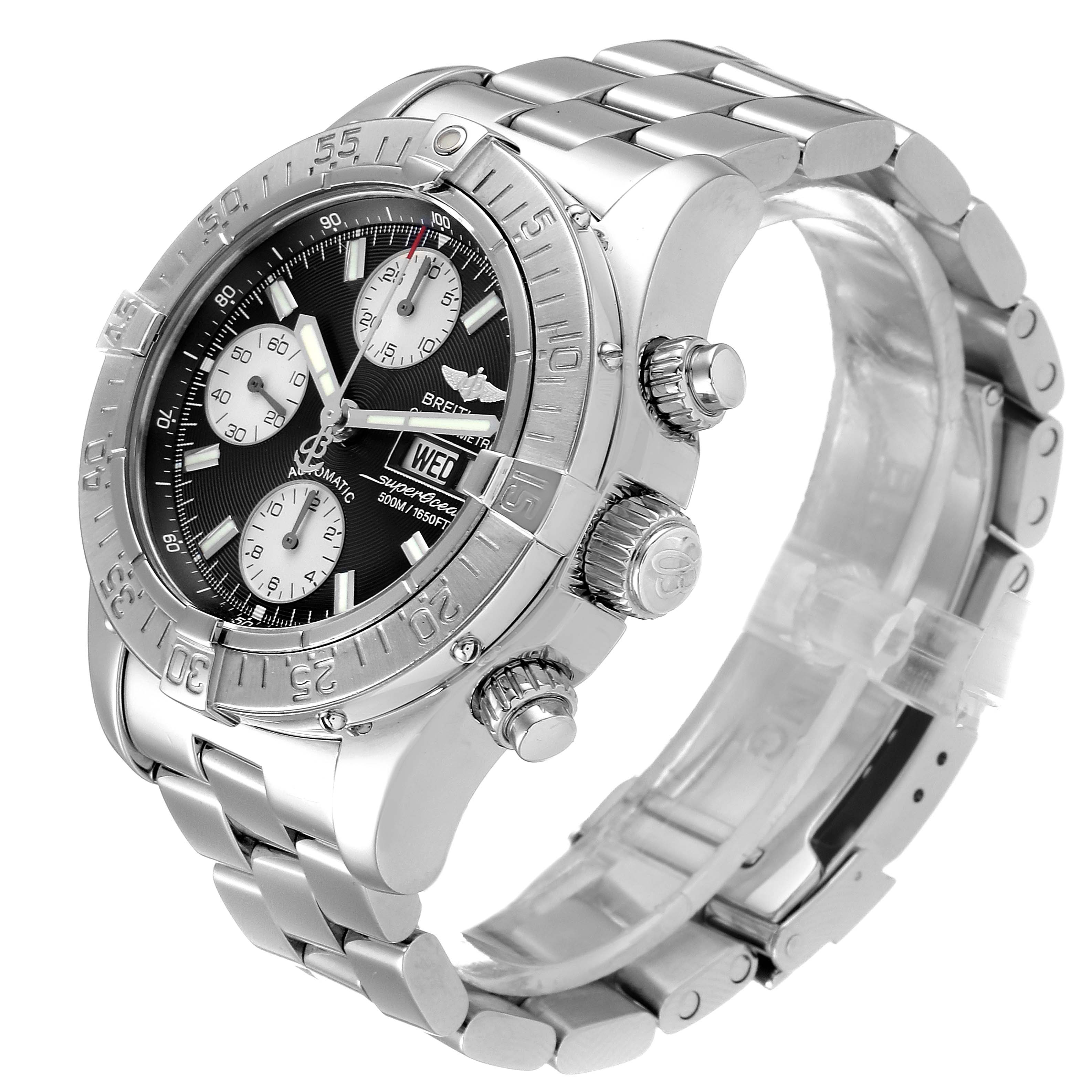 The Breitling Superocean A13340 Men
s Stainless Steel Black Dial A13340 Men
s Stainless Steel Black Dial watch is shown at a right-angle view, showcasing its black dial, bezel, and stainless steel bracelet.