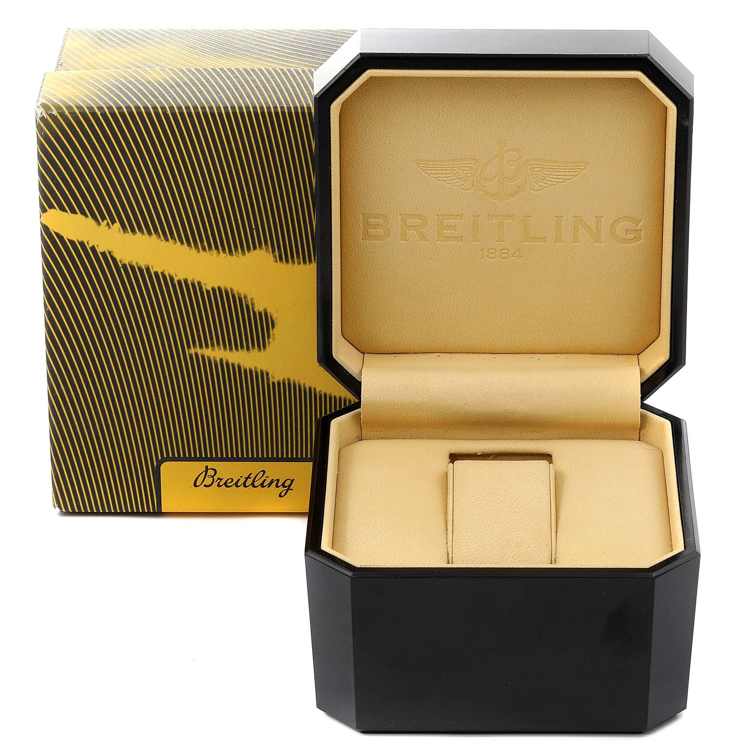 The image shows an open Breitling Superocean A13340 Men
s Stainless Steel Black Dial A13340 Men
s Stainless Steel Black Dial watch box with the logo and packaging visible.