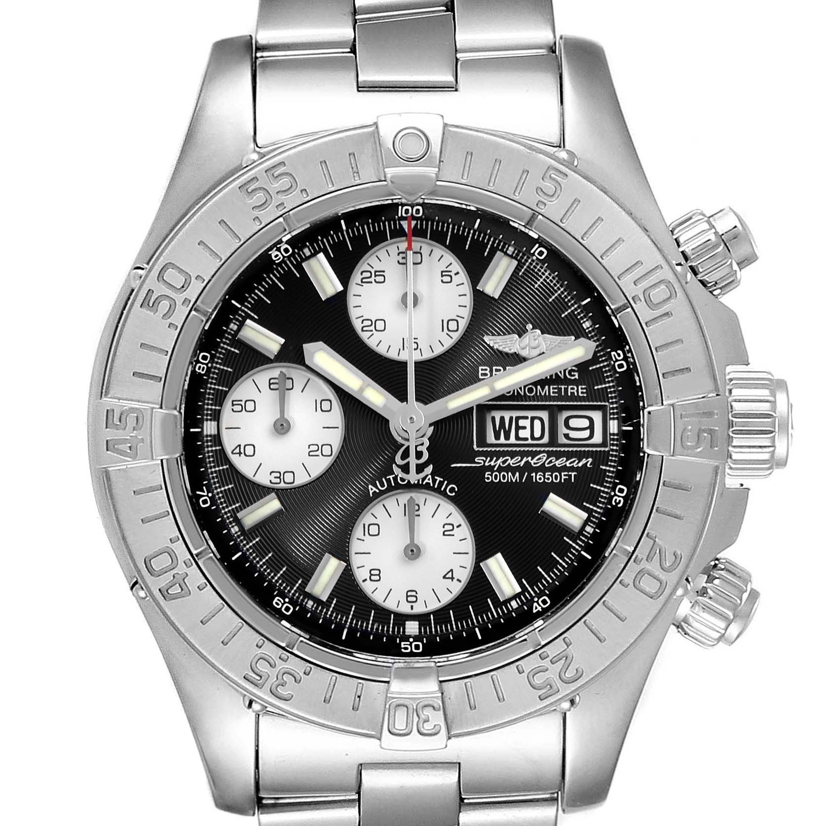The image shows a front view of a Breitling Superocean A13340 Men
s Stainless Steel Black Dial A13340 Men
s Stainless Steel Black Dial watch, highlighting its dial, bezel, and chronograph sub-dials.
