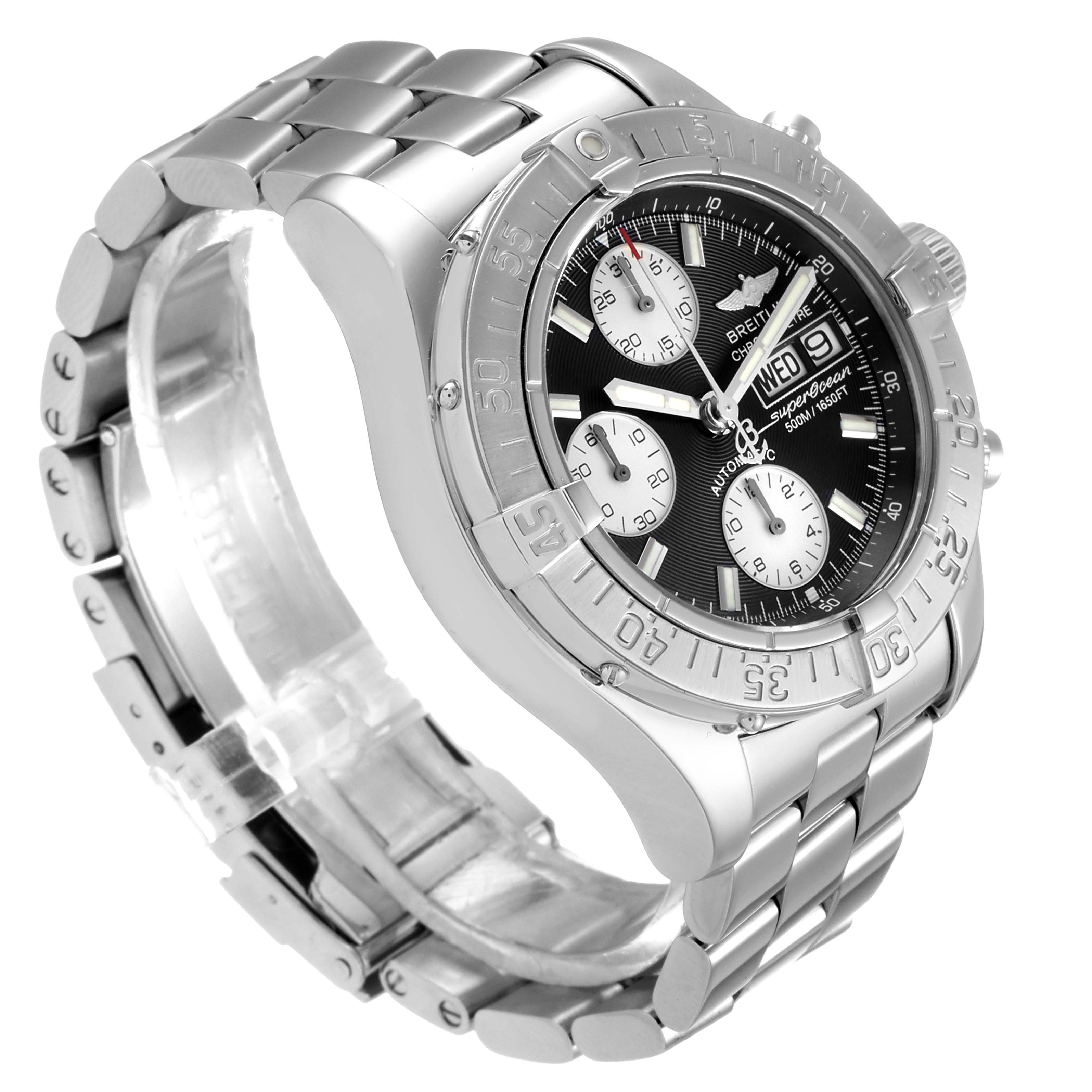 This image shows a side angle of a Breitling Superocean A13340 Men
s Stainless Steel Black Dial A13340 Men
s Stainless Steel Black Dial watch, highlighting its face, bezel, crown, and stainless steel bracelet.