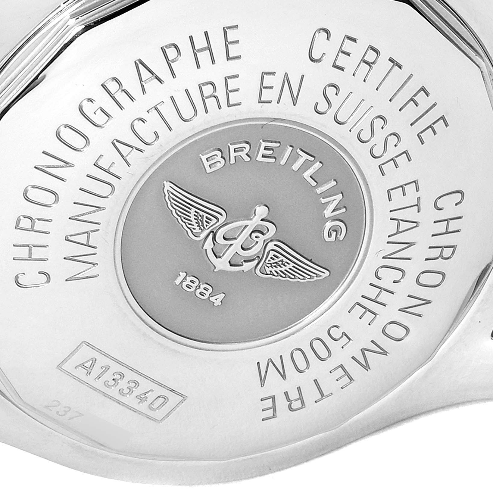 This image shows the engraved case back of a Breitling Superocean A13340 Men
s Stainless Steel Black Dial A13340 Men
s Stainless Steel Black Dial watch.