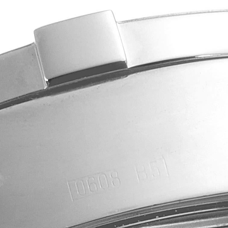 This close-up image of the Breitling Superocean A13340 Men
s Stainless Steel Black Dial A13340 Men
s Stainless Steel Black Dial watch shows a section of the metal bracelet and clasp.