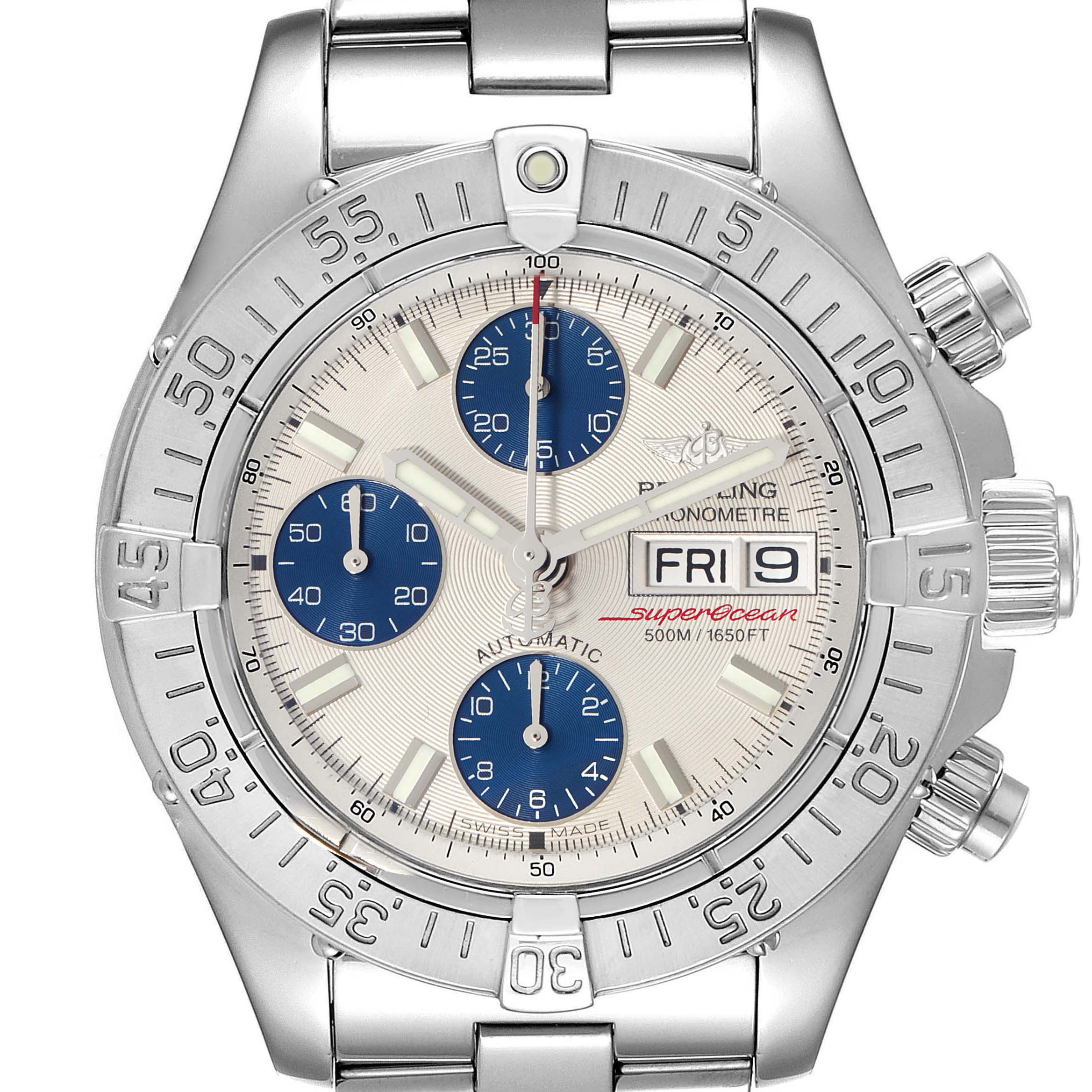 This image shows the face of a Breitling Superocean A13340 Men's Stainless Steel Beige Dial A13340 Men's Stainless Steel Beige Dial watch with its bezel, chronograph dials, and day/date window visible.