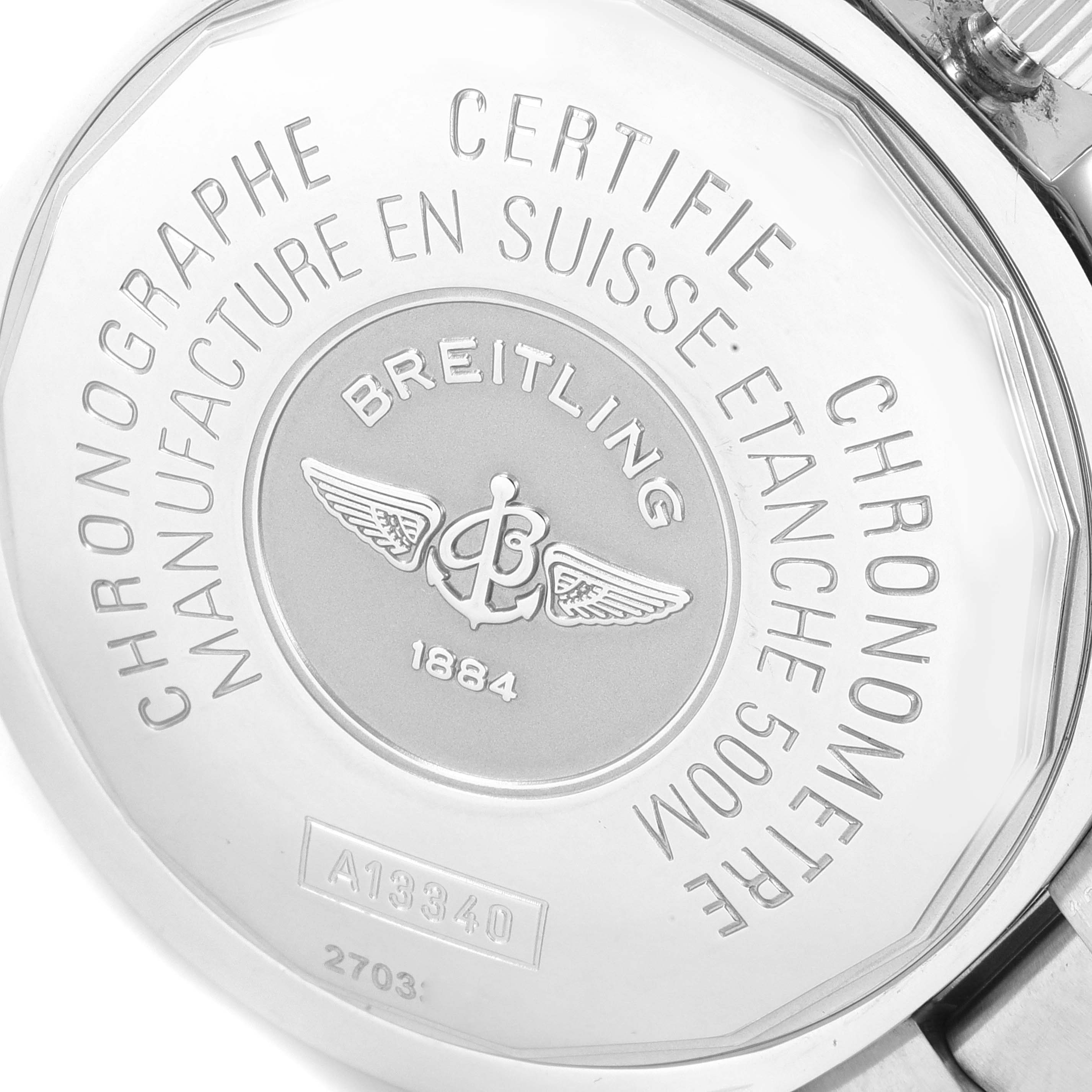 The image shows the engraved case back of a Breitling Superocean A13340 Men's Stainless Steel Beige Dial A13340 Men's Stainless Steel Beige Dial watch.