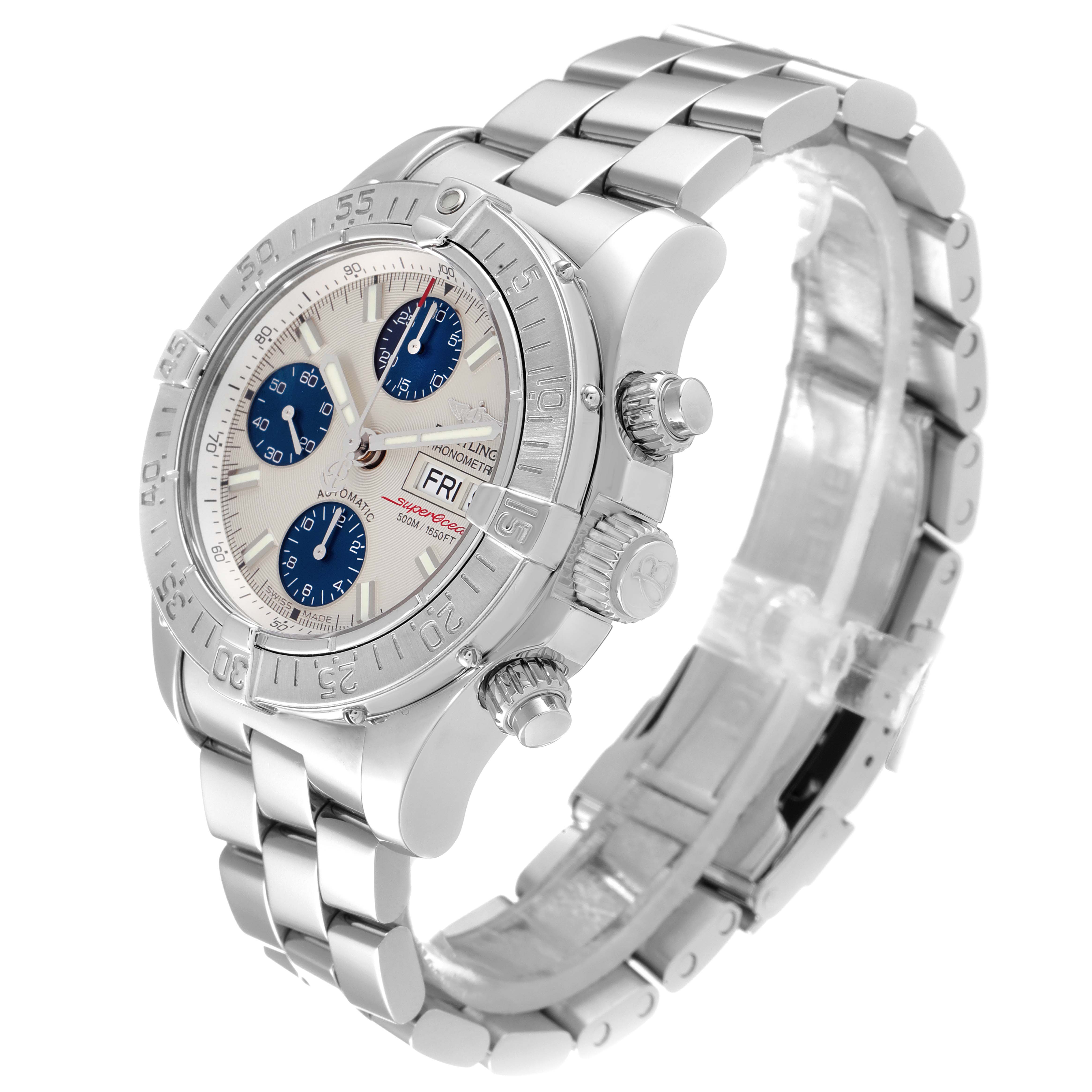 The Breitling Superocean A13340 Men's Stainless Steel Beige Dial A13340 Men's Stainless Steel Beige Dial watch is shown at a three-quarter angle, displaying the dial, crown, pushers, and stainless steel bracelet.