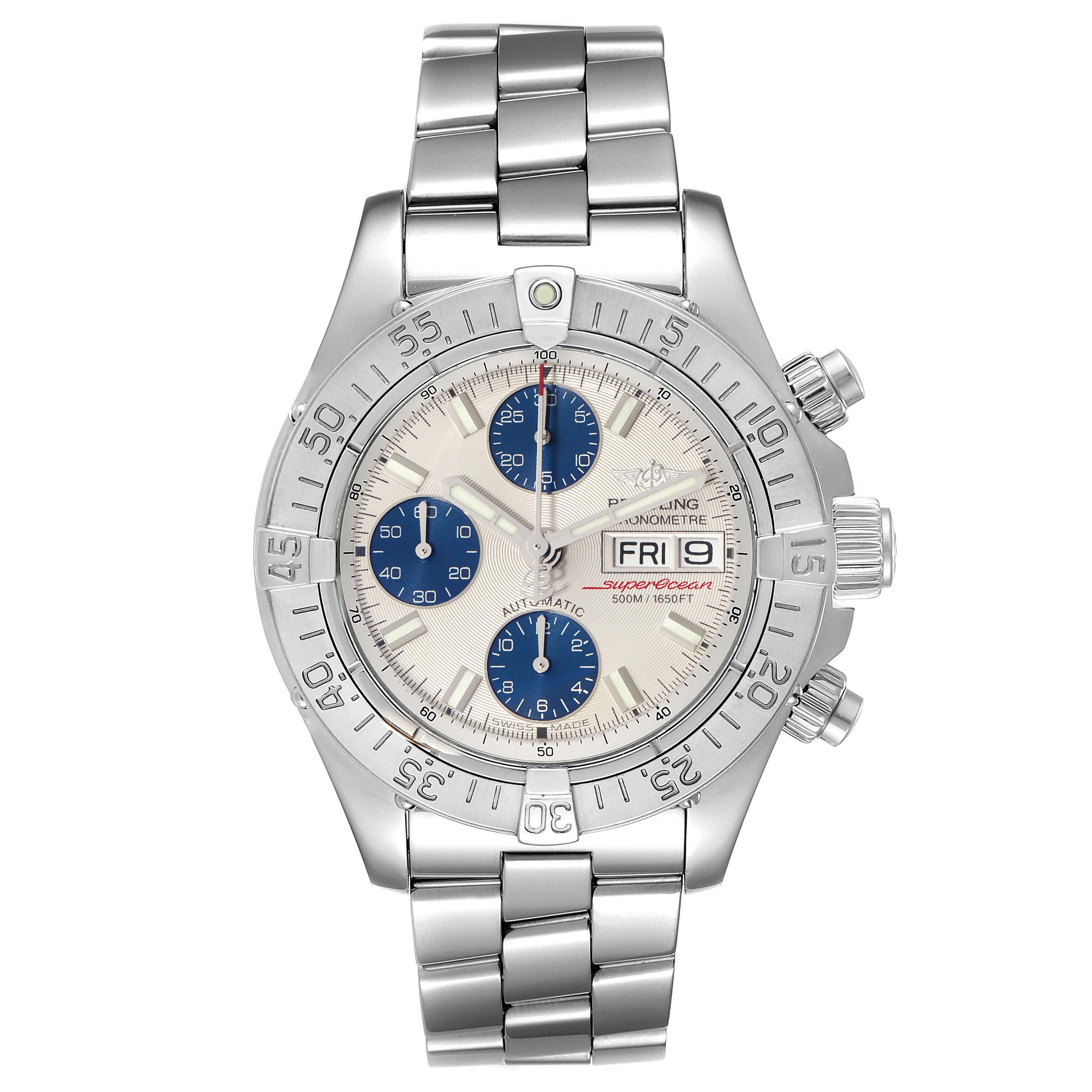This image shows a front view of a Breitling Superocean A13340 Men's Stainless Steel Beige Dial A13340 Men's Stainless Steel Beige Dial watch, displaying the dial, bezel, and bracelet clearly.