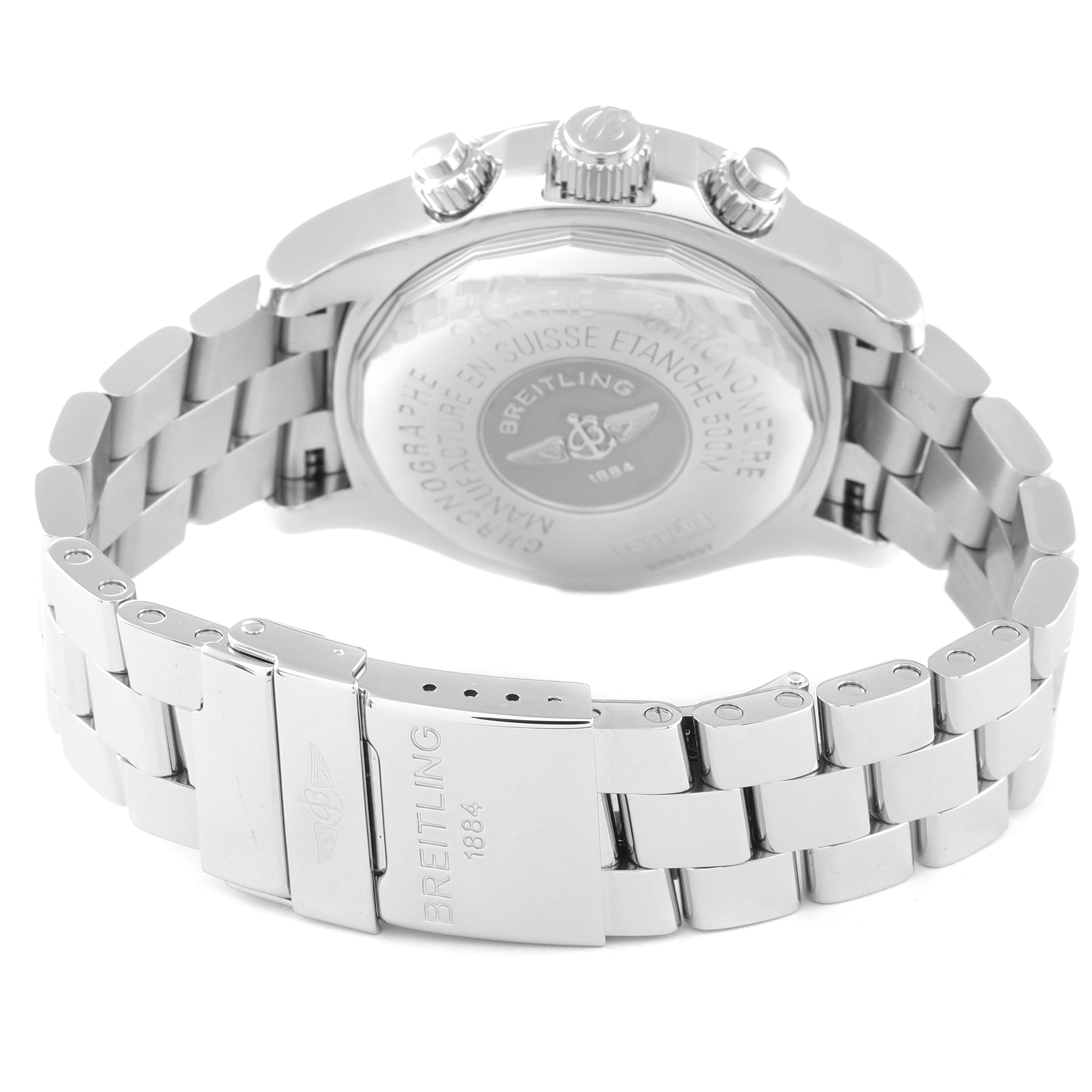 This image shows the back and clasp of a Breitling Superocean A13340 Men's Stainless Steel Beige Dial A13340 Men's Stainless Steel Beige Dial model, highlighting the case back, bracelet, and deployment clasp.