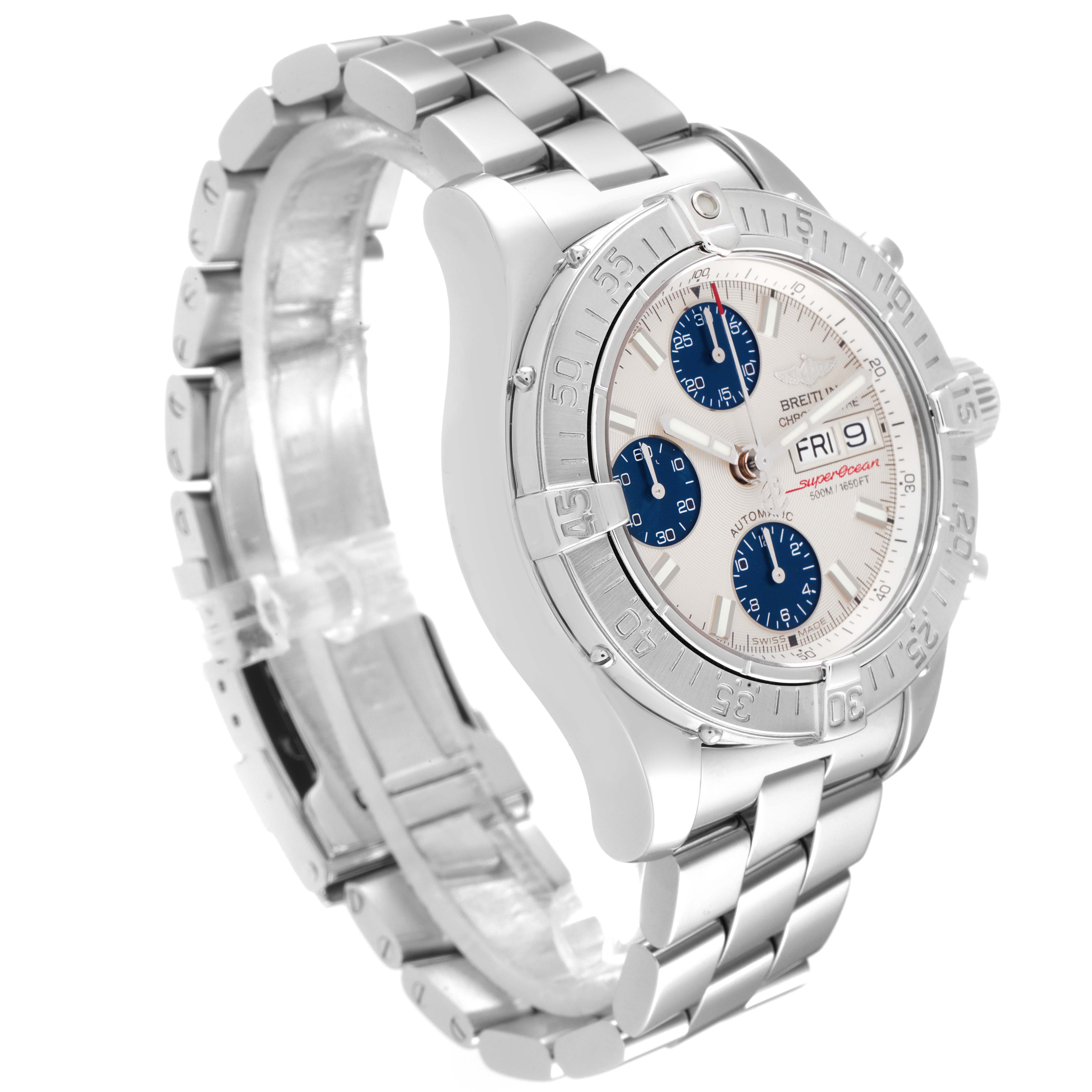 The image shows a Breitling Superocean A13340 Men's Stainless Steel Beige Dial A13340 Men's Stainless Steel Beige Dial watch at a three-quarter angle, highlighting the dial, bezel, and stainless steel bracelet.