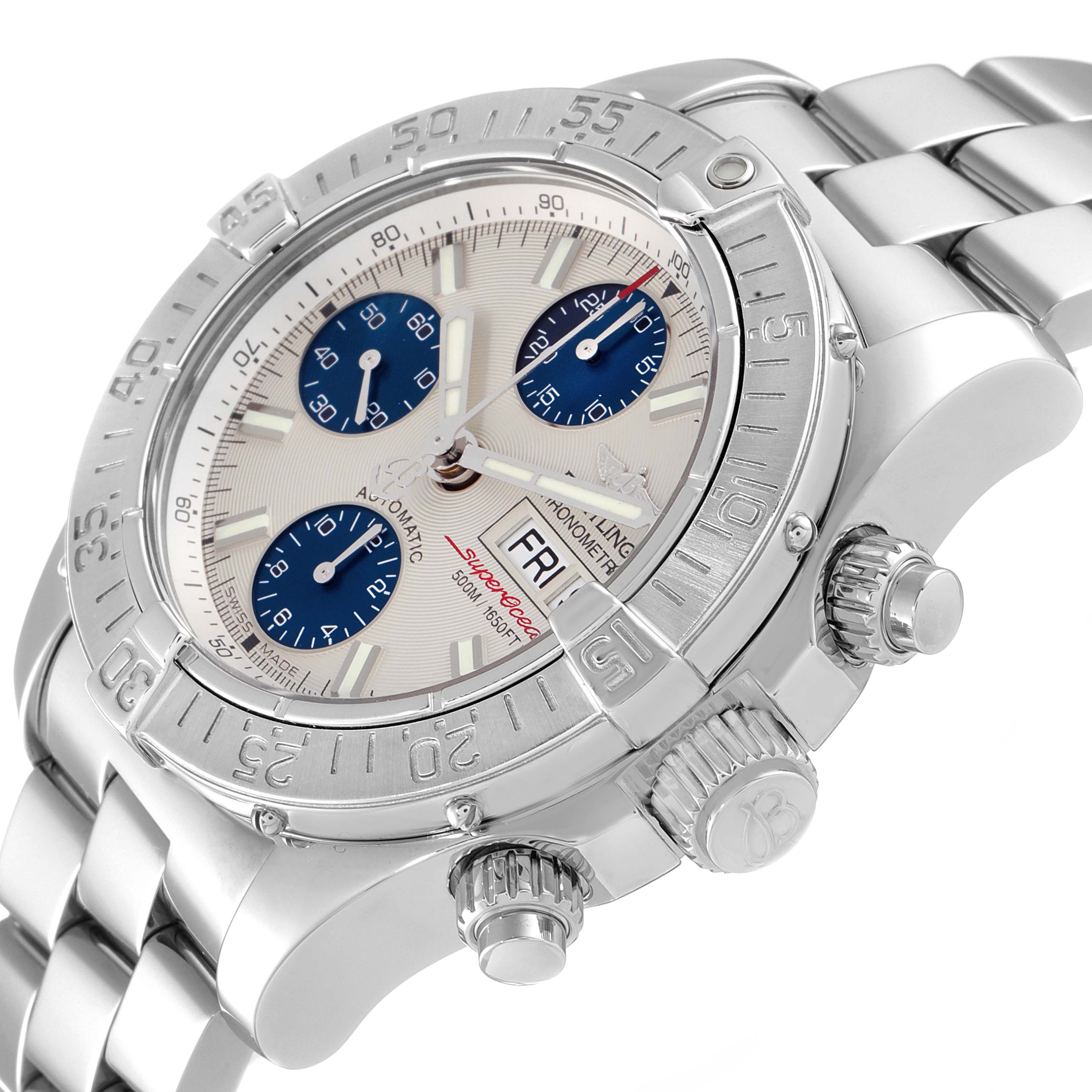 This image shows a Breitling Superocean A13340 Men's Stainless Steel Beige Dial A13340 Men's Stainless Steel Beige Dial watch at an angled side view, highlighting the dial, bezel, and crown.