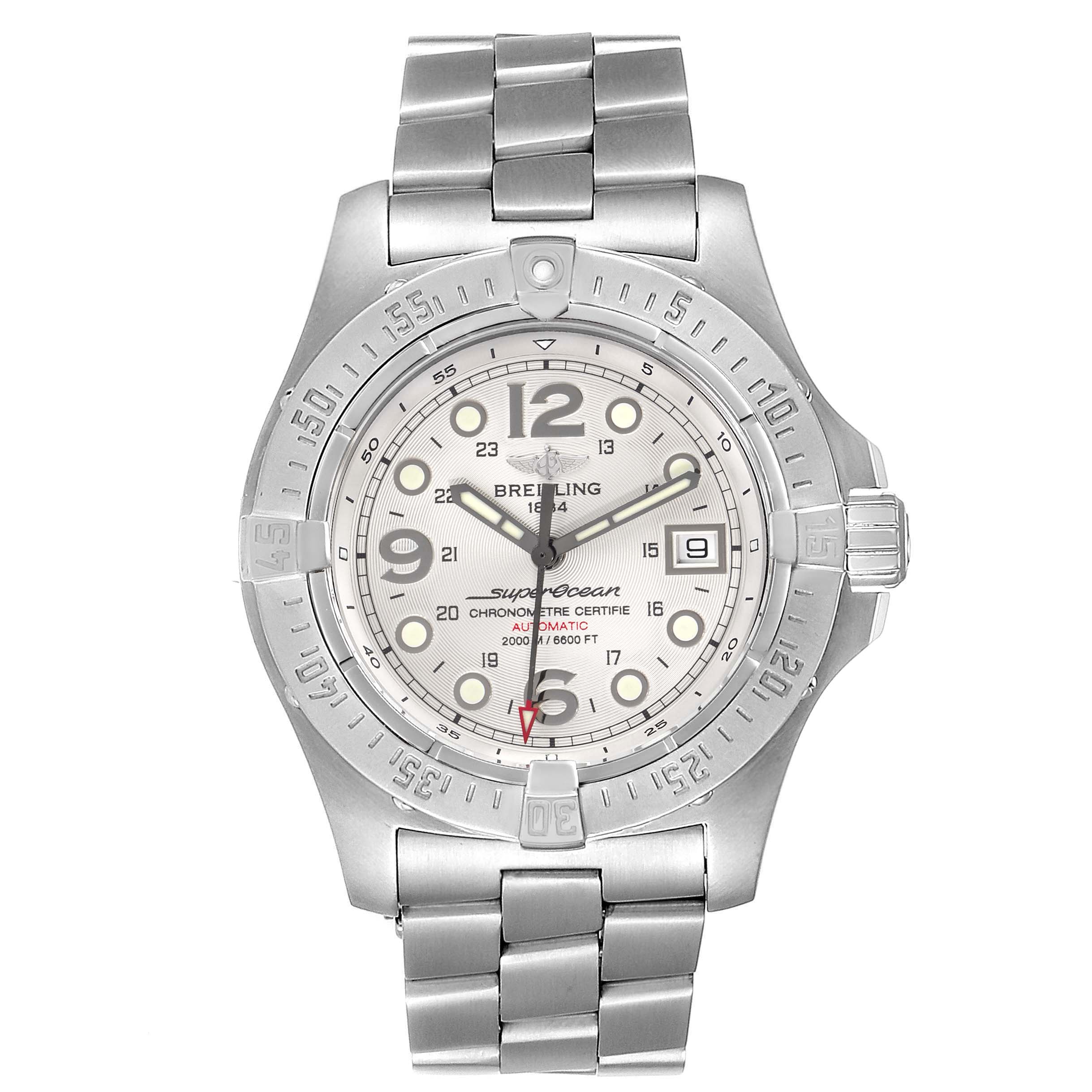 The image shows a front view of a Breitling Superocean A17390 Men's Stainless Steel Silver Dial A17390 Men's Stainless Steel Silver Dial watch, highlighting its dial, bezel, bracelet, and crown.