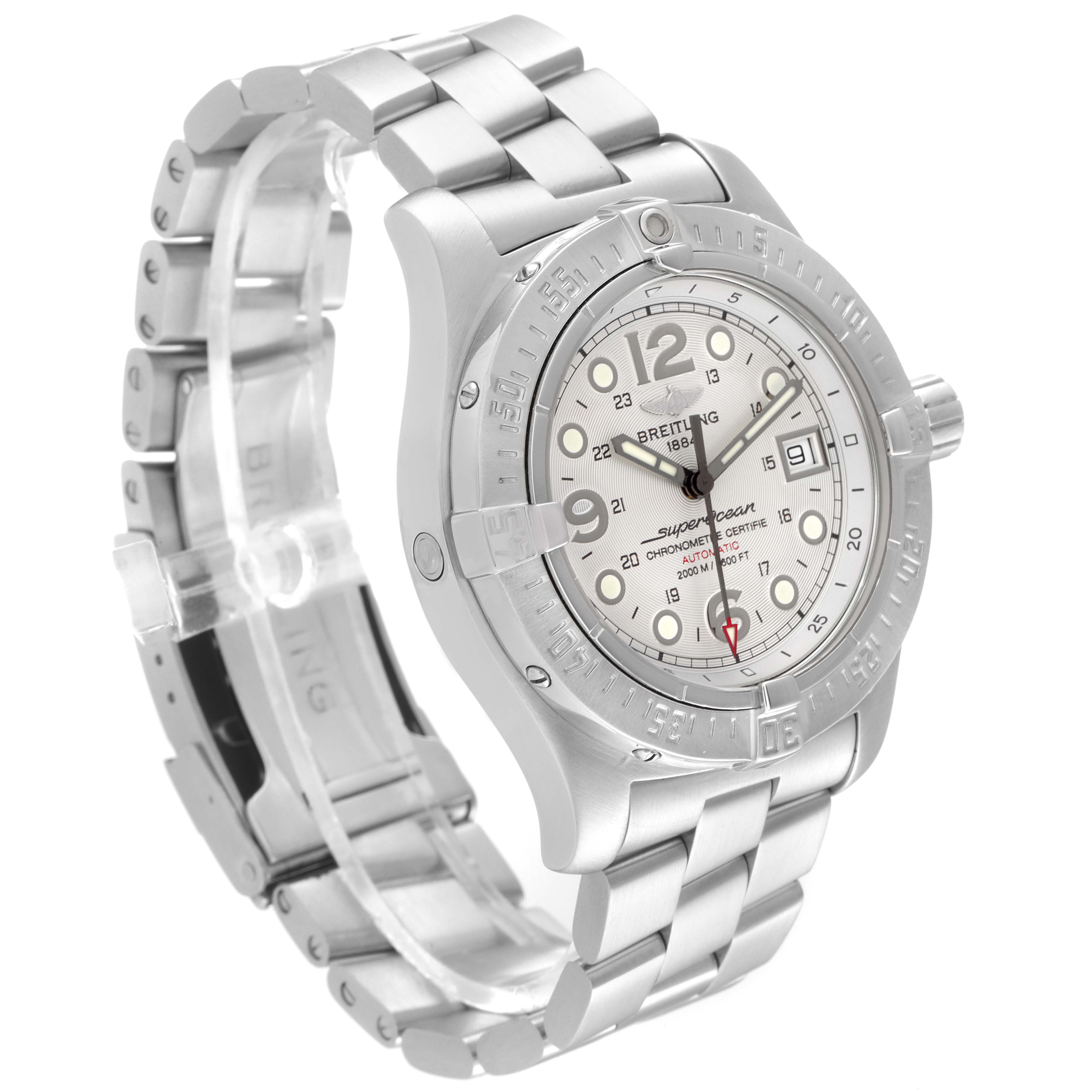 The Breitling Superocean A17390 Men's Stainless Steel Silver Dial A17390 Men's Stainless Steel Silver Dial watch is shown at a three-quarter angle, displaying the bracelet, case, dial, and bezel.