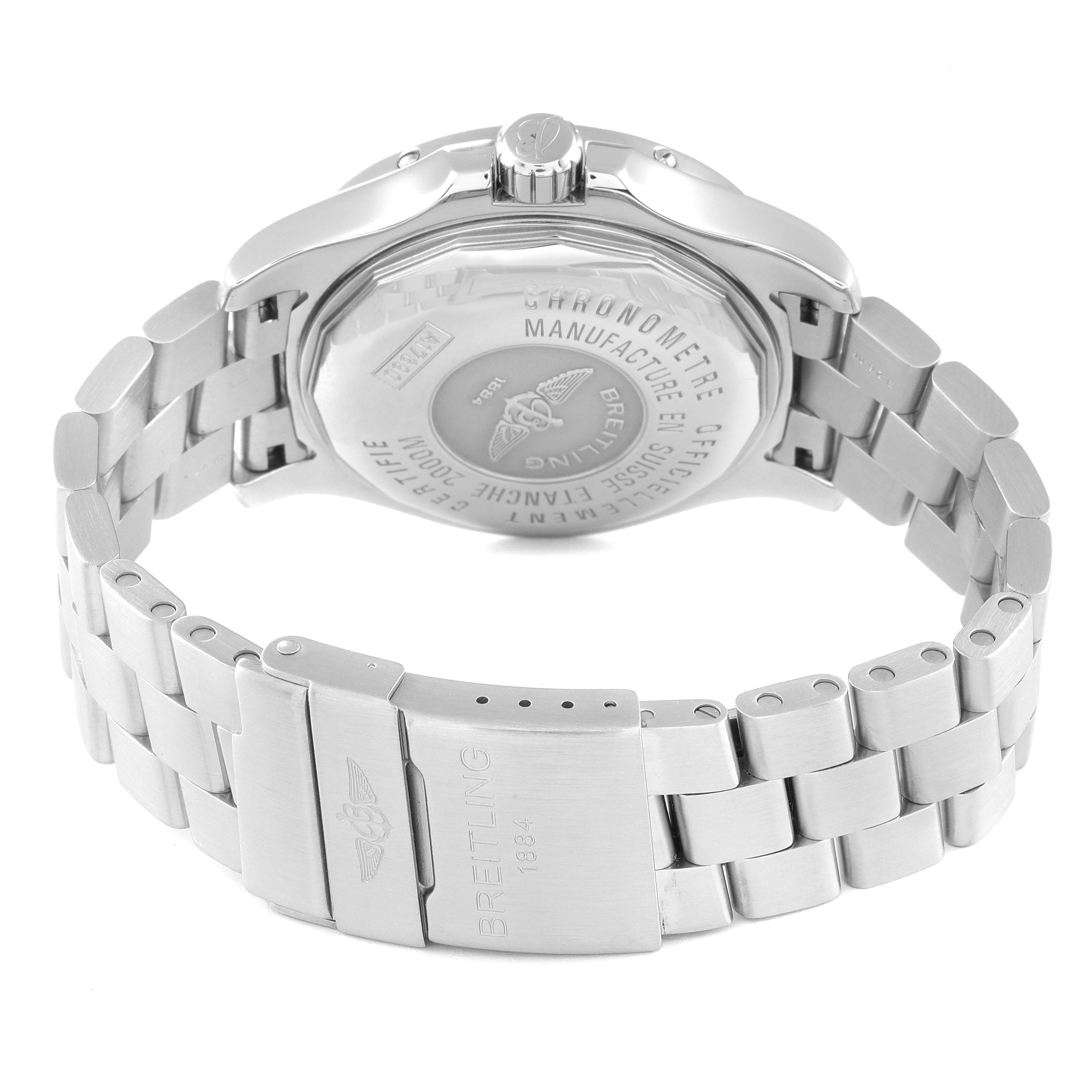 This image shows the back case and bracelet of a Breitling Superocean A17390 Men's Stainless Steel Silver Dial A17390 Men's Stainless Steel Silver Dial watch from a rear angle.