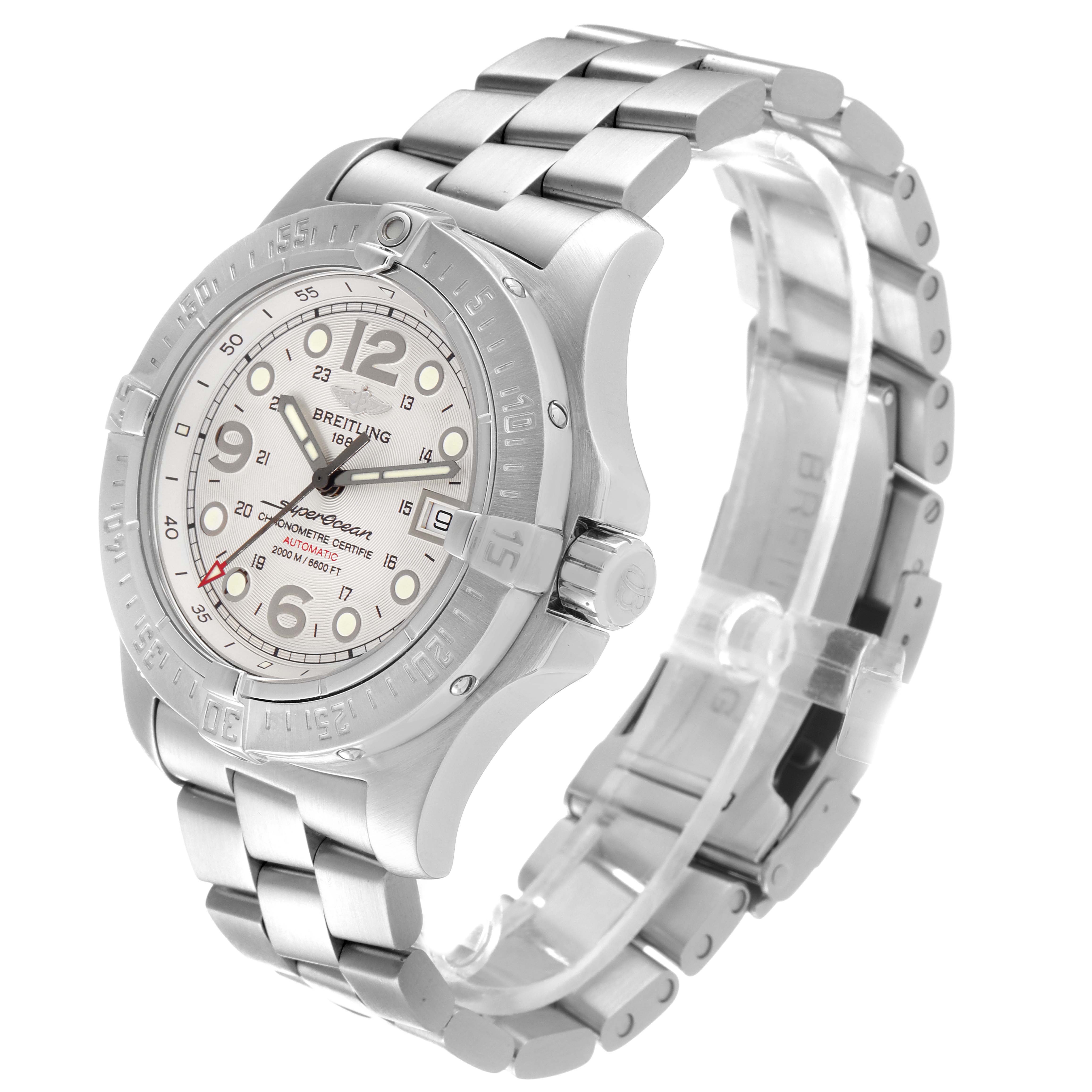 The Breitling Superocean A17390 Men's Stainless Steel Silver Dial A17390 Men's Stainless Steel Silver Dial watch is shown at an angled view, highlighting the dial, bezel, bracelet, and crown.