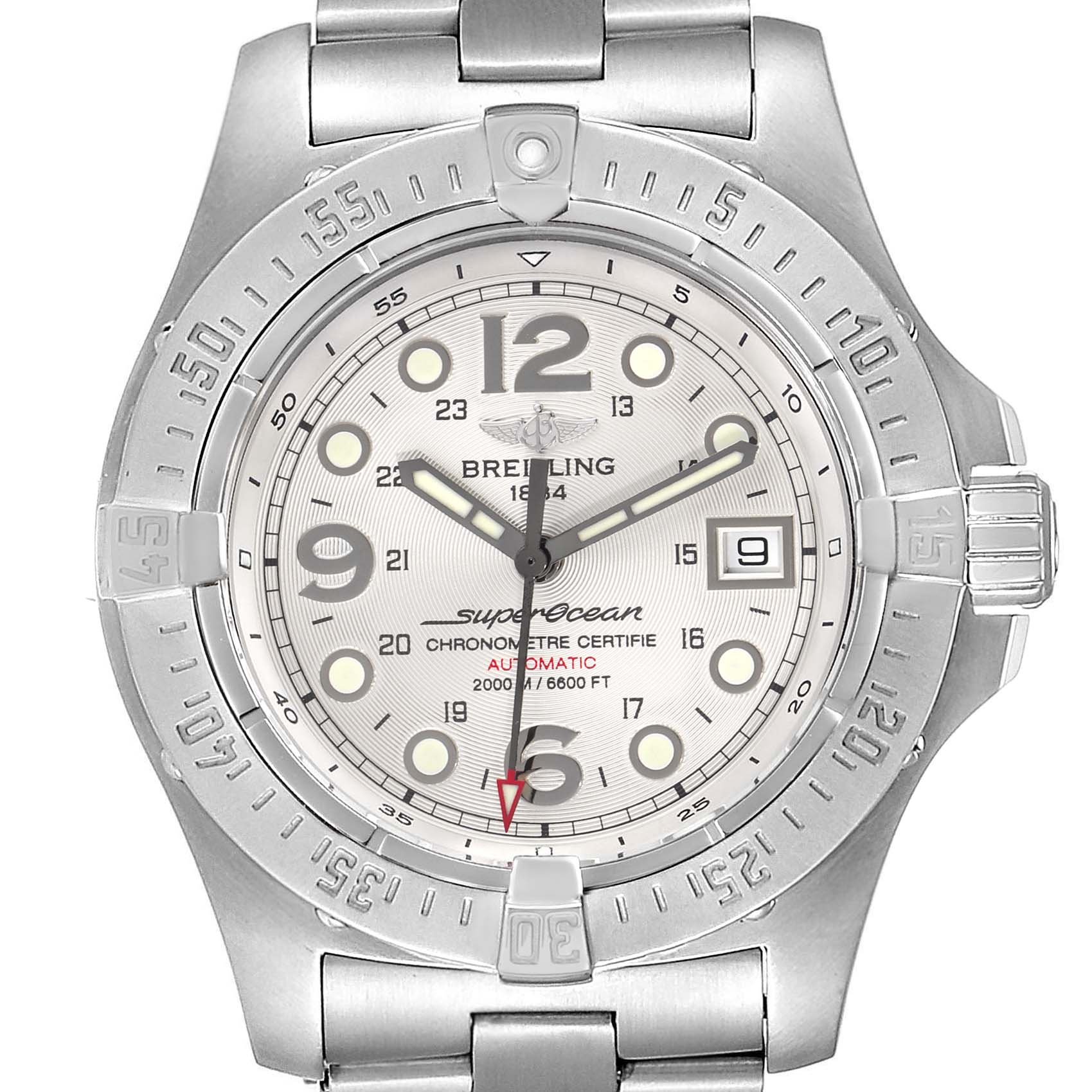 The Breitling Superocean A17390 Men's Stainless Steel Silver Dial A17390 Men's Stainless Steel Silver Dial watch is shown from the front, displaying the dial, hands, bezel, and bracelet.