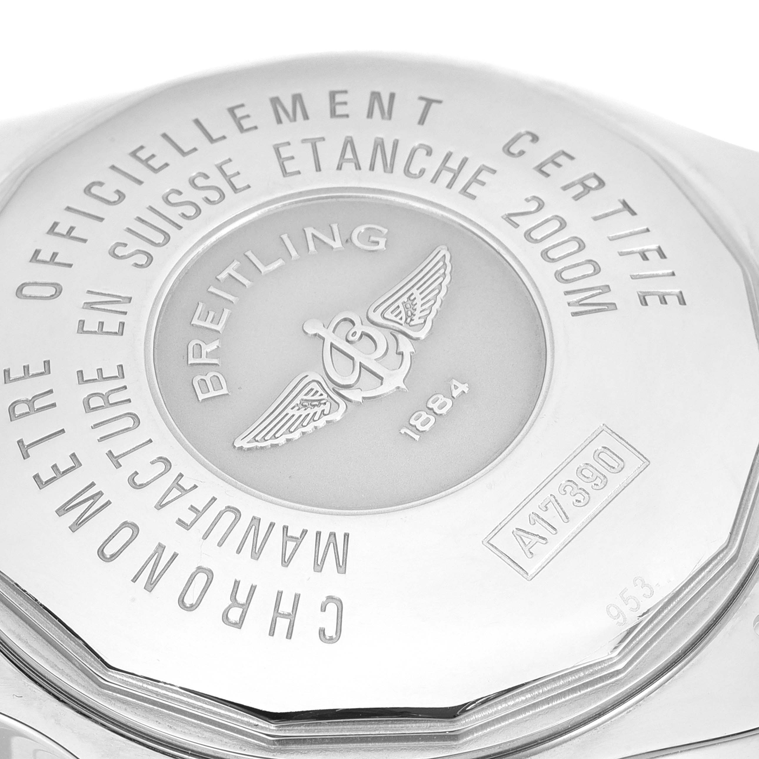 The image shows the case back of a Breitling Superocean A17390 Men's Stainless Steel Silver Dial A17390 Men's Stainless Steel Silver Dial watch displaying its certification and brand logo.