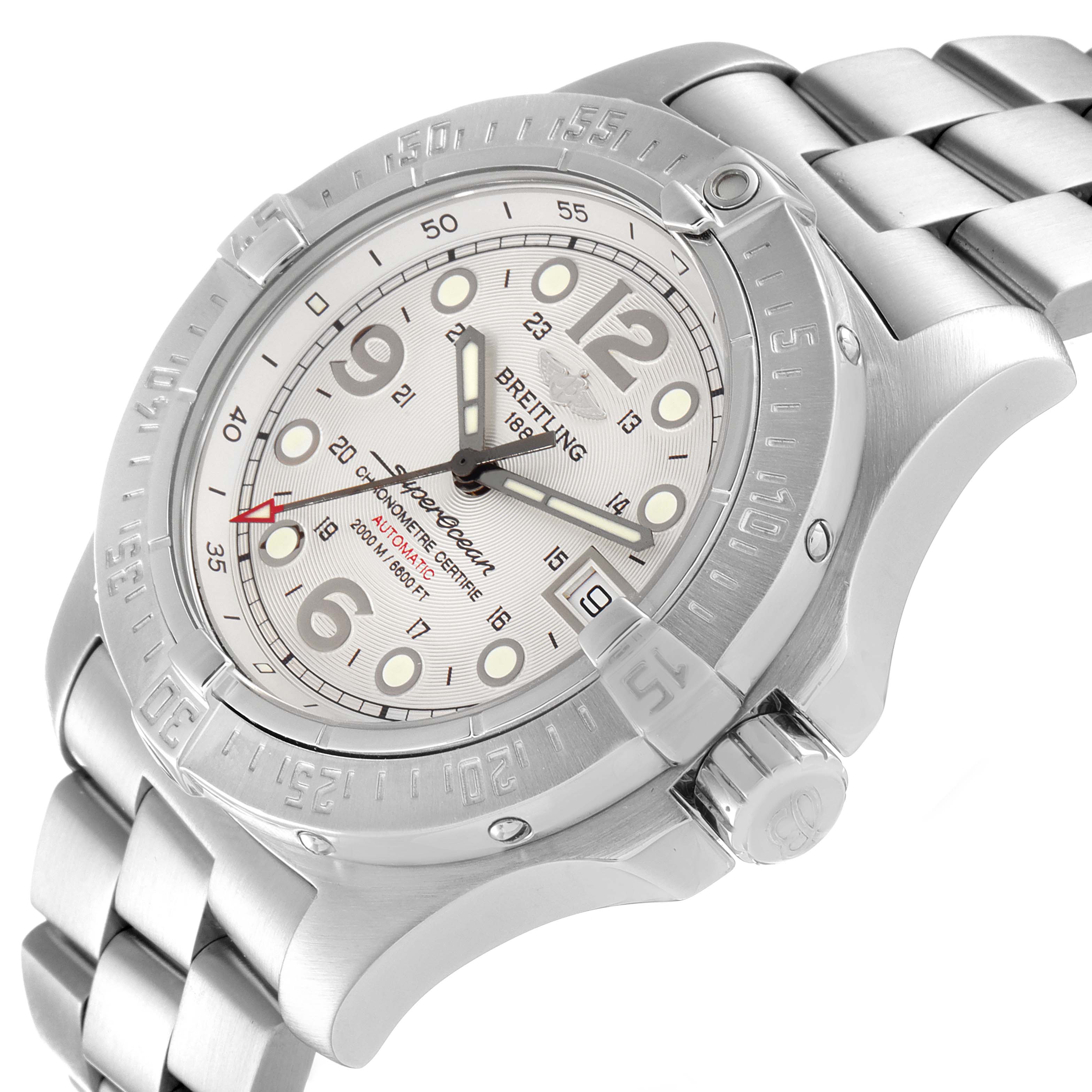 The image shows a close-up of a Breitling Superocean A17390 Men's Stainless Steel Silver Dial A17390 Men's Stainless Steel Silver Dial watch, focusing on the dial, bezel, and part of the bracelet.