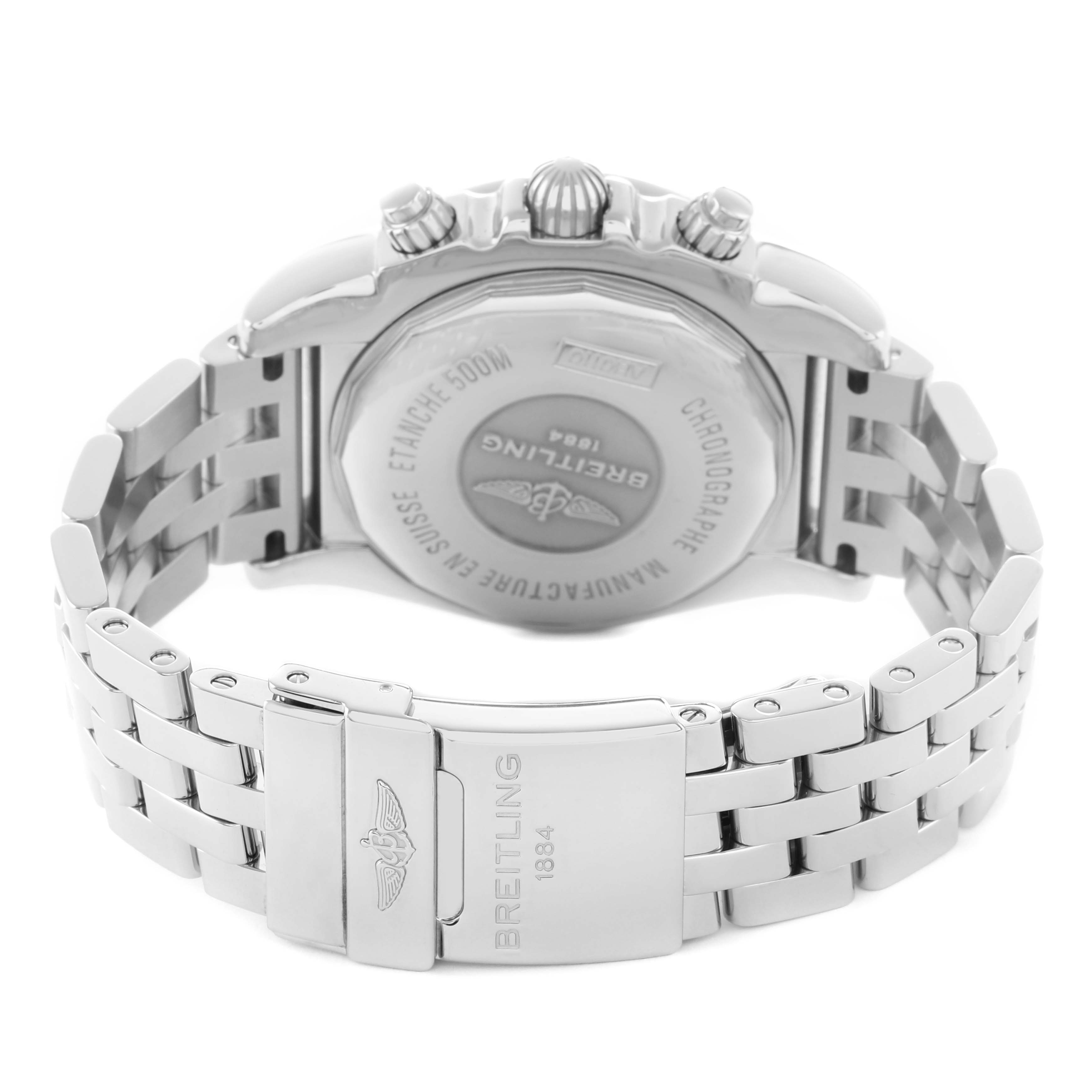 The photo shows the back and clasp of a Breitling Chronomat AB0110/A011C89PA Men's Stainless Steel Blue Dial watch, highlighting the case back and metal bracelet.