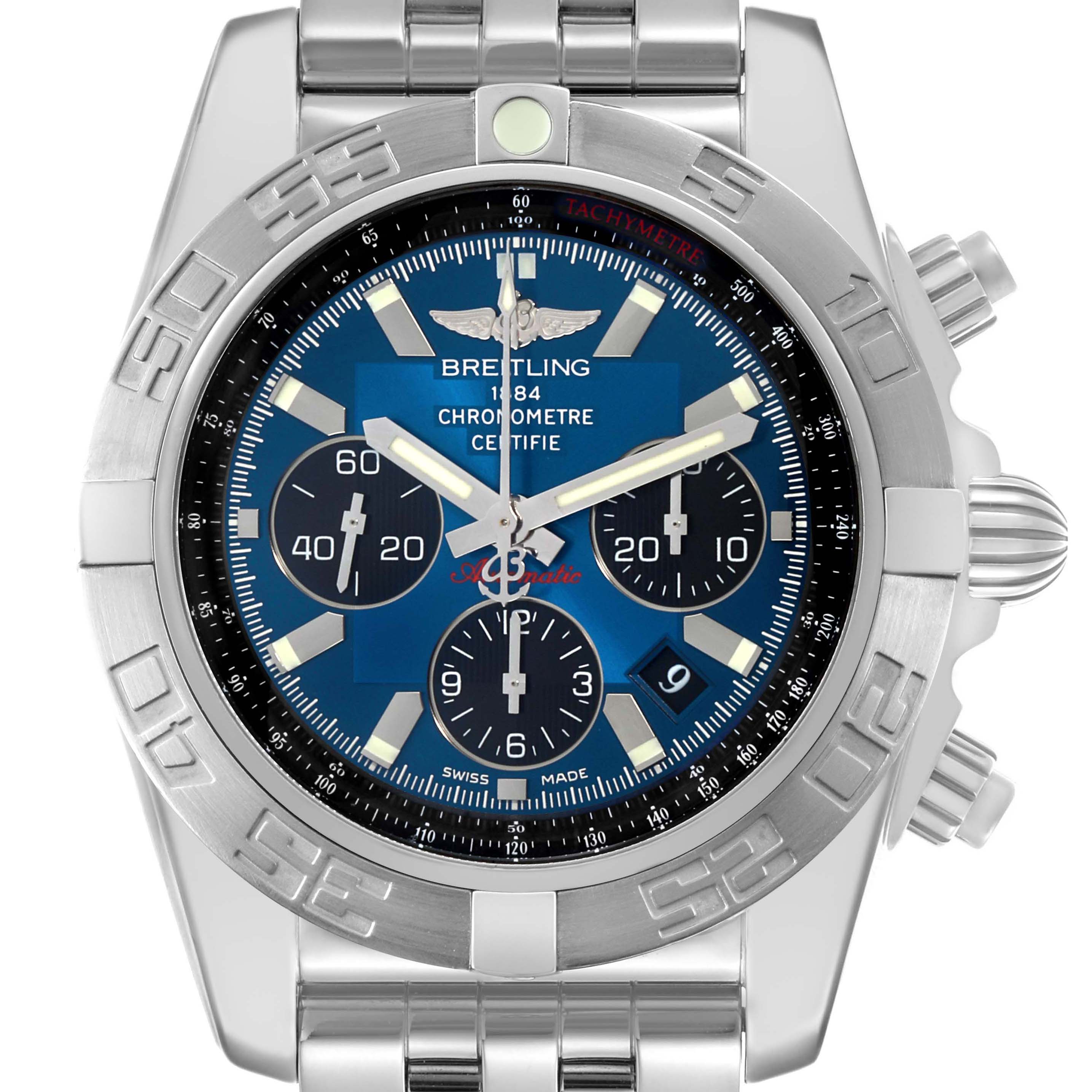 The Breitling Chronomat AB0110/A011C89PA Men's Stainless Steel Blue Dial watch is shown from the front, highlighting its bezel, dial, subdials, and bracelet.