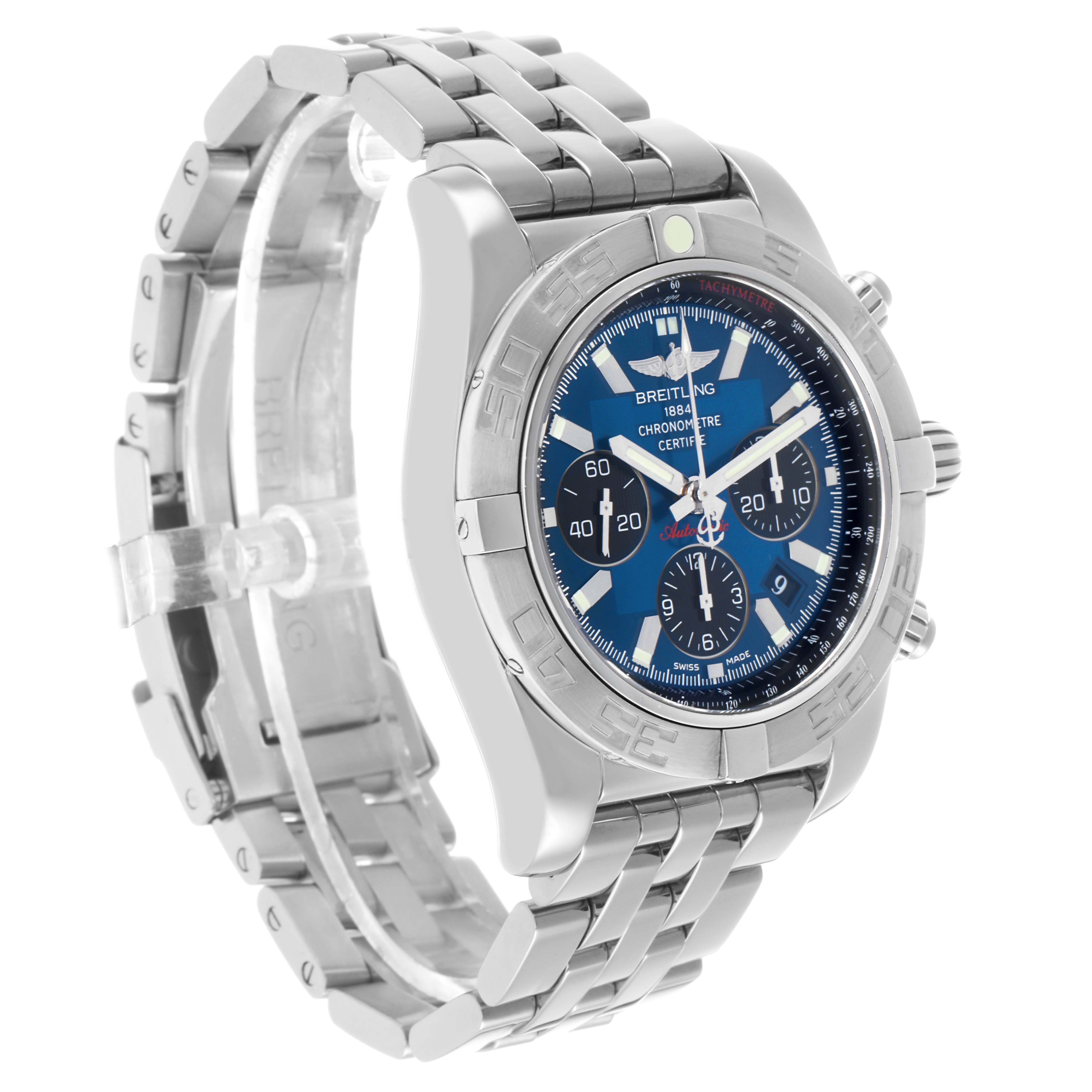 The Breitling Chronomat AB0110/A011C89PA Men's Stainless Steel Blue Dial watch is angled to show the face, bezel, buttons, and part of the bracelet.