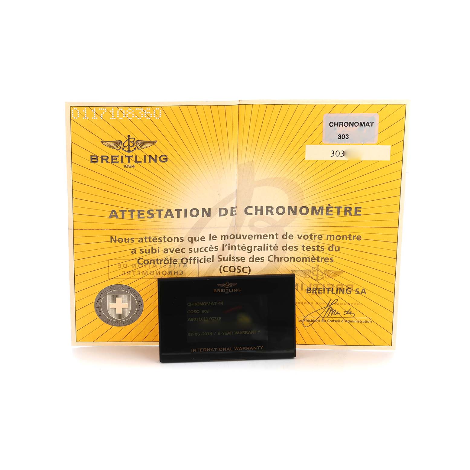 The image shows a Breitling Chronomat AB0110/A011C89PA Men's Stainless Steel Blue Dial warranty card and chronometer certificate viewed from the front.